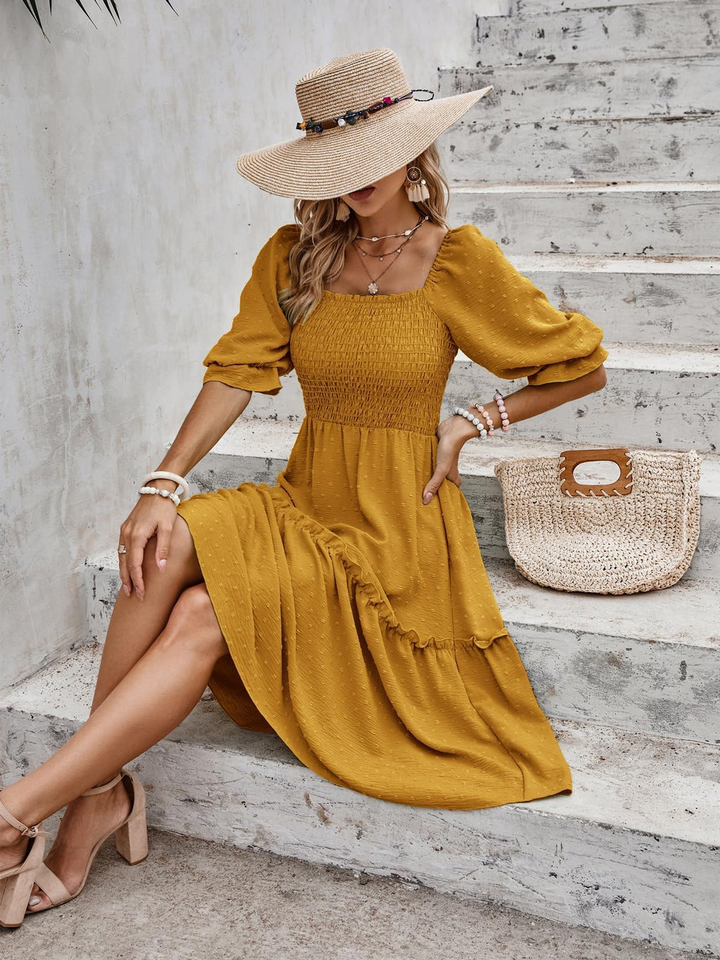 PRETTYGARDEN Women's Summer Casual Midi Dresses 2026 Spring Puff Sleeve Square Neck Smocked A Line Flowy Swiss Dot Beach Vacation Dress (Turmeric,L)