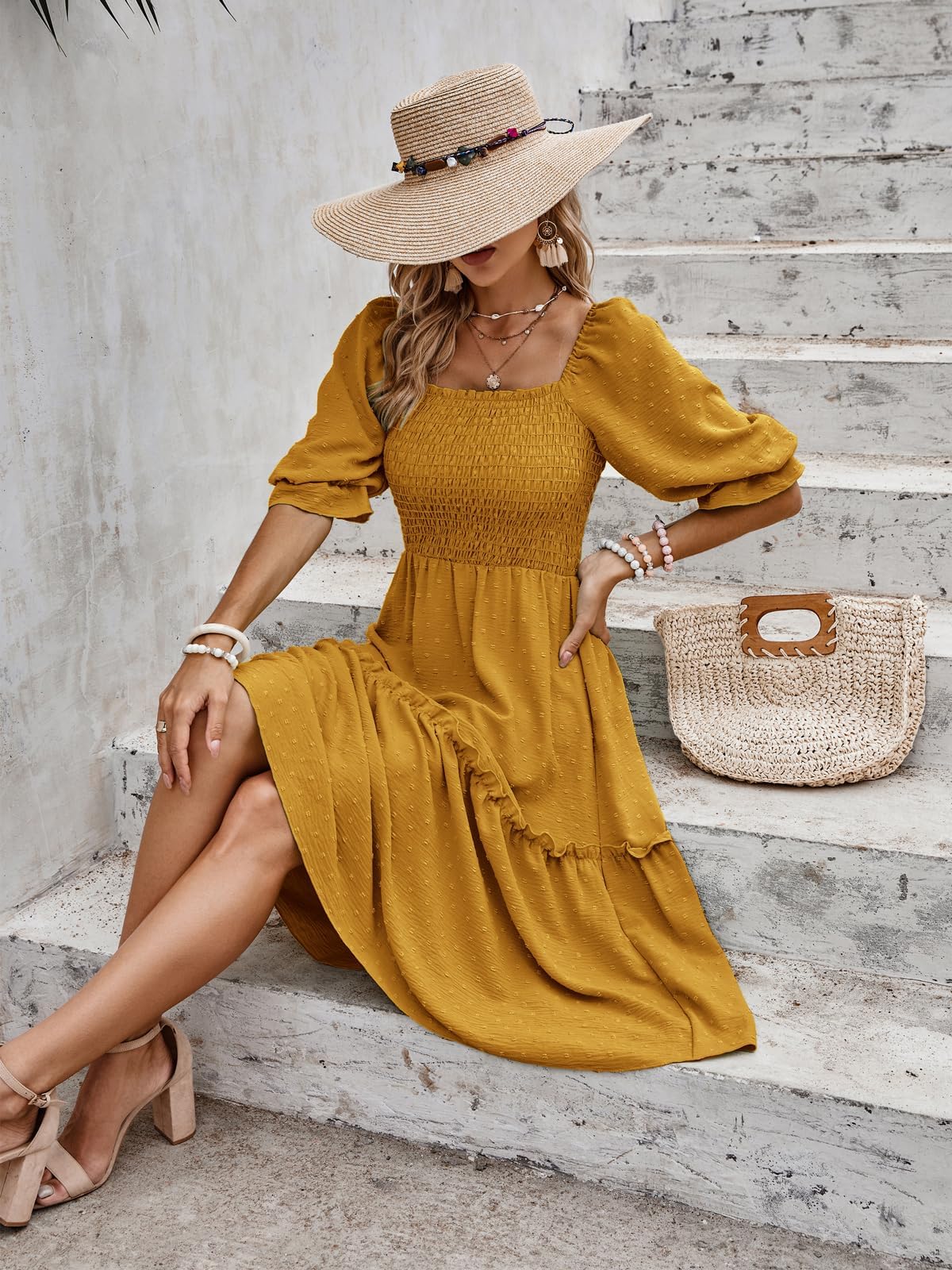 PRETTYGARDEN Women's Summer Casual Midi Dresses 2026 Spring Puff Sleeve Square Neck Smocked A Line Flowy Swiss Dot Beach Vacation Dress (Turmeric,L)