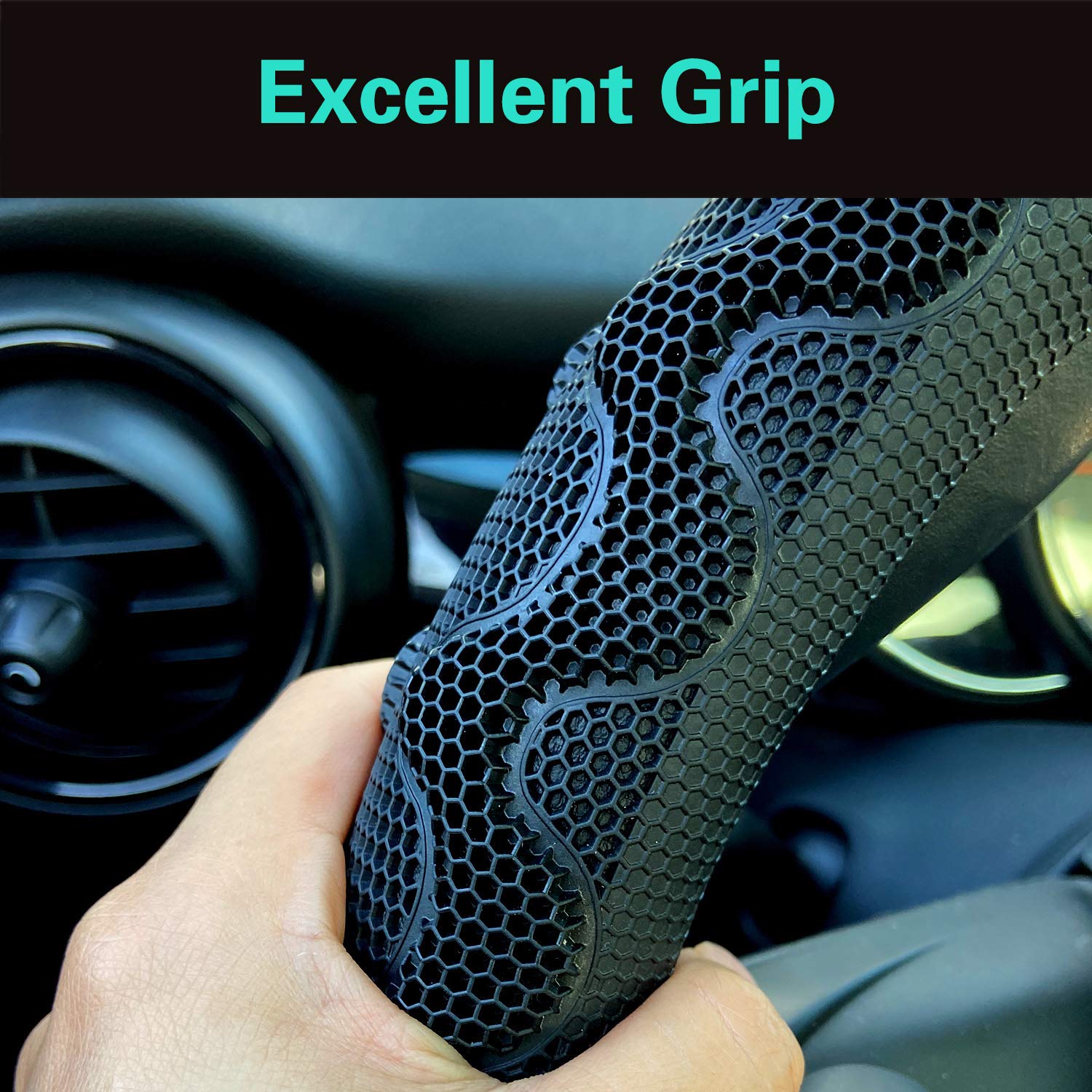 PINCTROT Steering Wheel Cover Great Grip with 3D Honeycomb Anti-Slip Design, Universal 14.5-15 Inch (All Black)