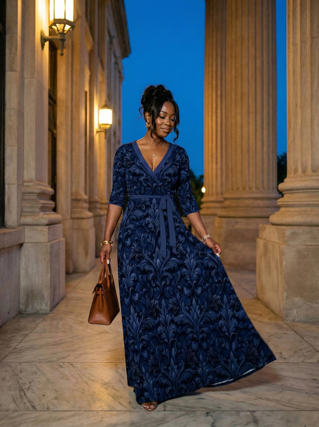PinkPatty Plus Size Maxi Dress for Women 3/4 Sleeve V Neck Printing Dress Wedding Guest Sundress with Belt (A-Navy Blue 2XL)
