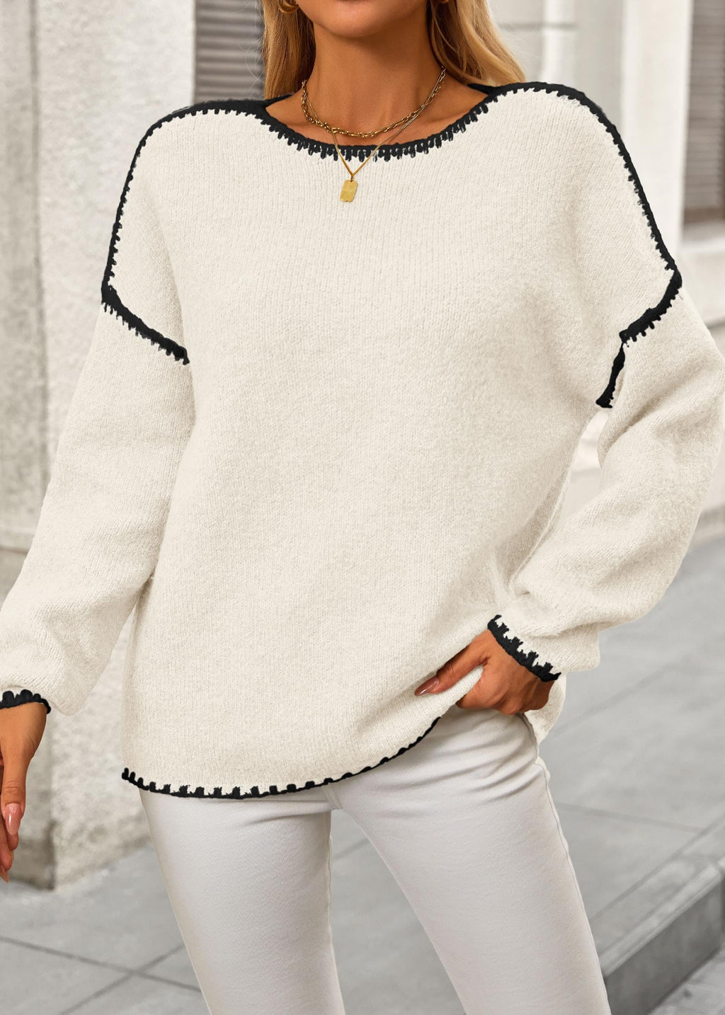 KIRUNDO Womens Sweaters 2026 Fall Oversized Long Sleeve Chunky Knit Crew Neck Contrast Stitching Pullover Winter Clothes(White, Large)