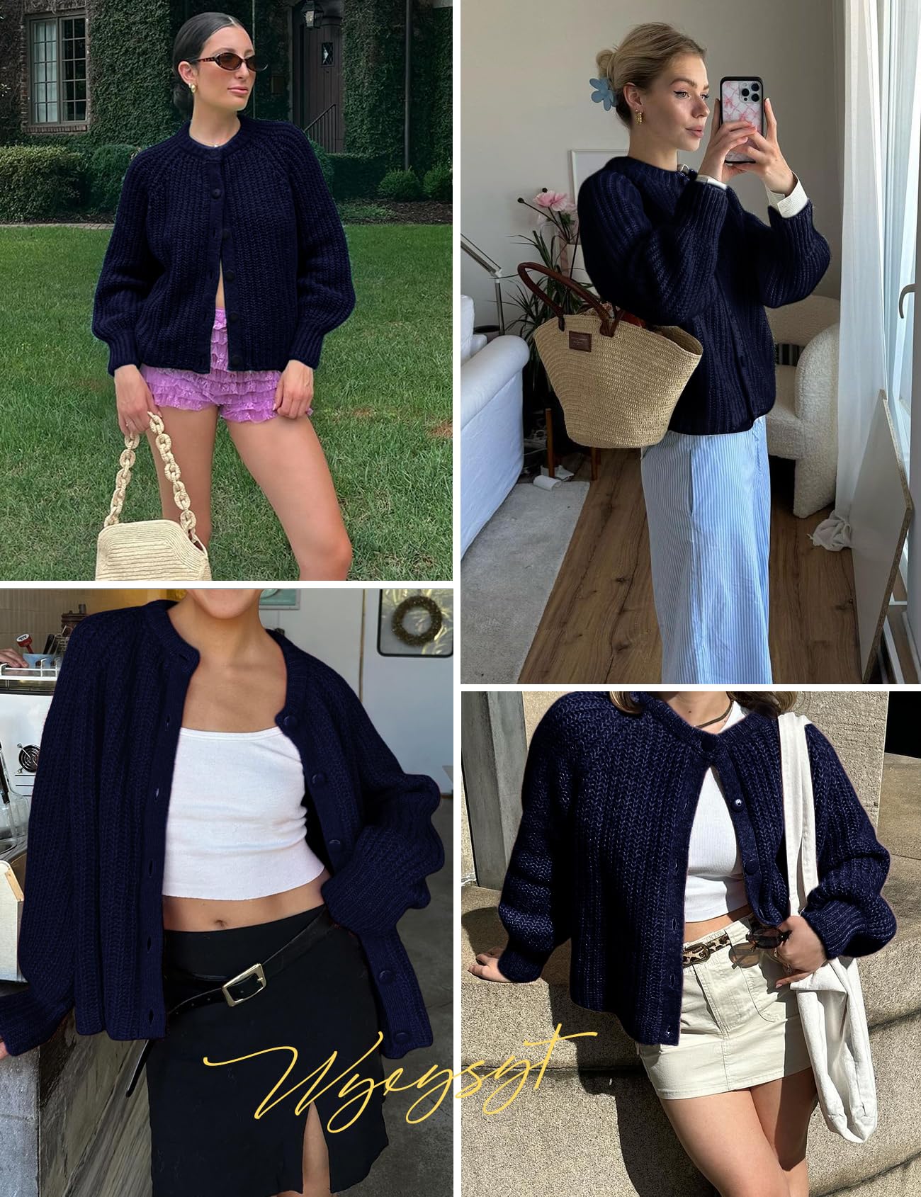 Wyeysyt Womens Cardigan Sweater Button Down Long Sleeve Chunky Soft Knit Sweater Fall Open Front Loose Casual Cardigan Coat(Navy-S)