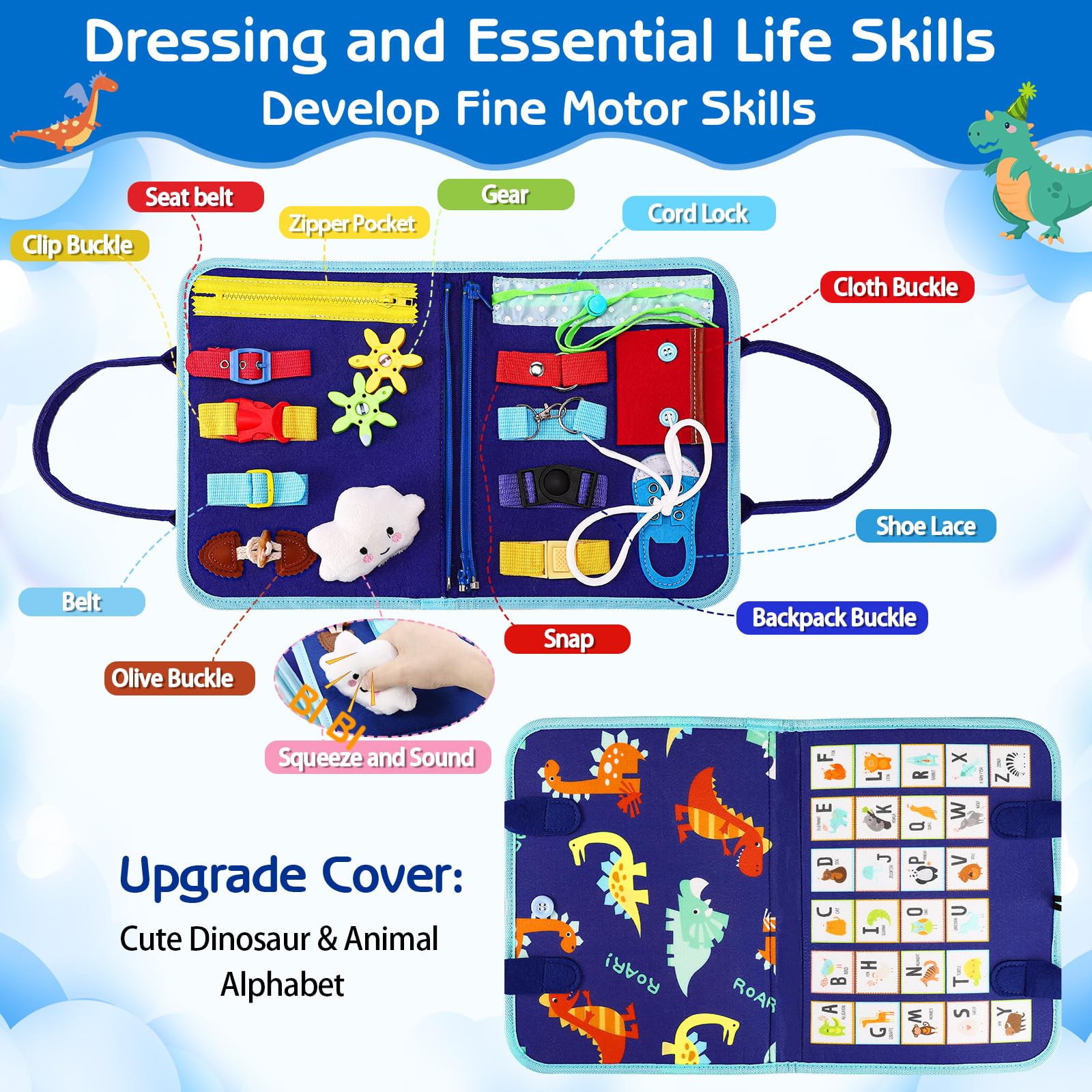 Esjay Toddler Busy Board Montessori Toys for Boys, Sensory Book Educational Activities for Learning Fine Motor Skills, Birthday Gifts for Boys Toddlers, Travel Toys for Airplane Car, Blue Dinosaur
