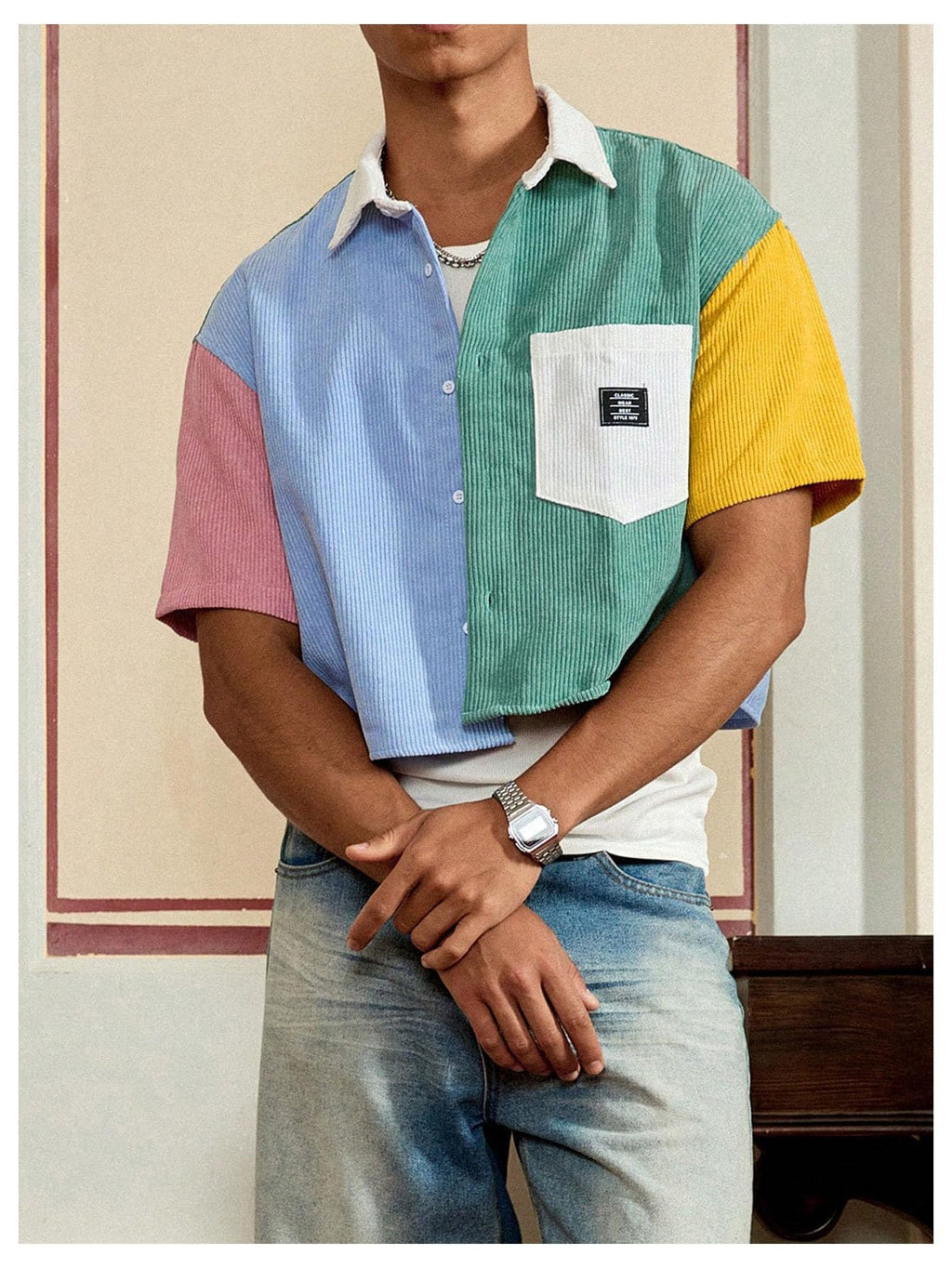 GORGLITTER Men's Striped Cropped Shirt Button Down Cool Short Sleeve Colorblock Collar Casual Streetwear Crop Top Tee Multicolor Large