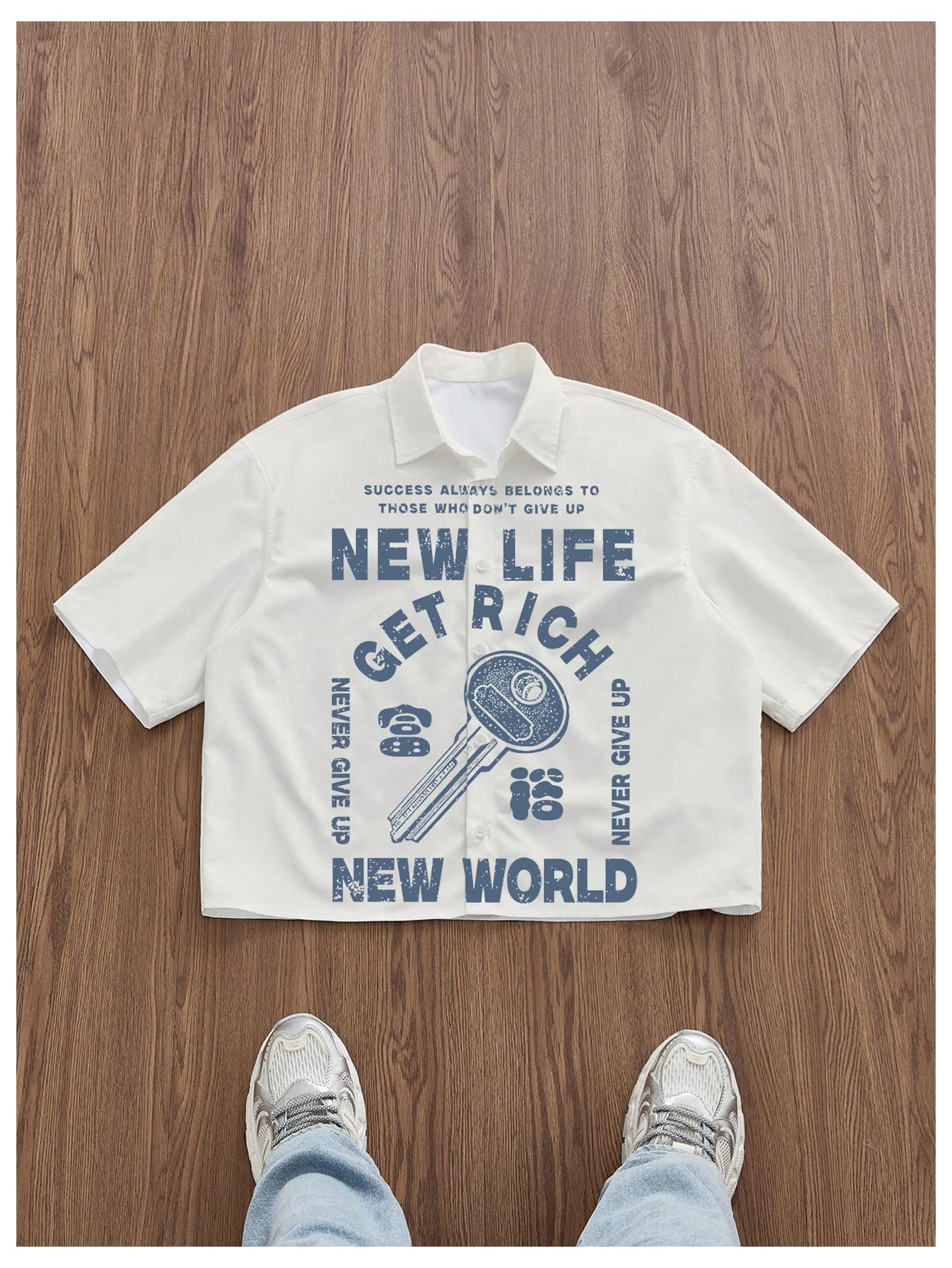 GORGLITTER Men's Graphic Button Up Cropped Shirt Short Sleeve Collar Top Streetwear Apricot X-Small