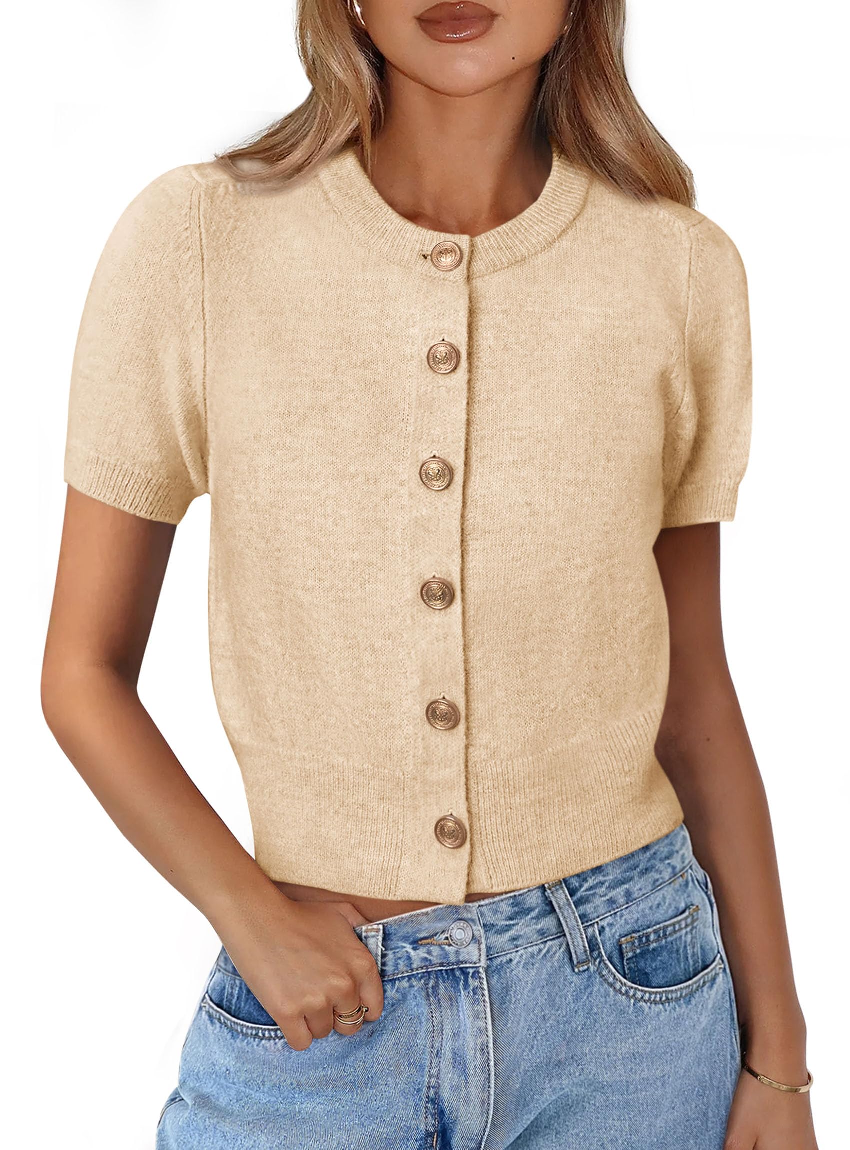 PRETTYGARDEN Womens Casual Summer Short Sleeve Cardigans 2026 Button Down Knitted Sweater Basic Crew Neck Crop Tops (Beige,Small)