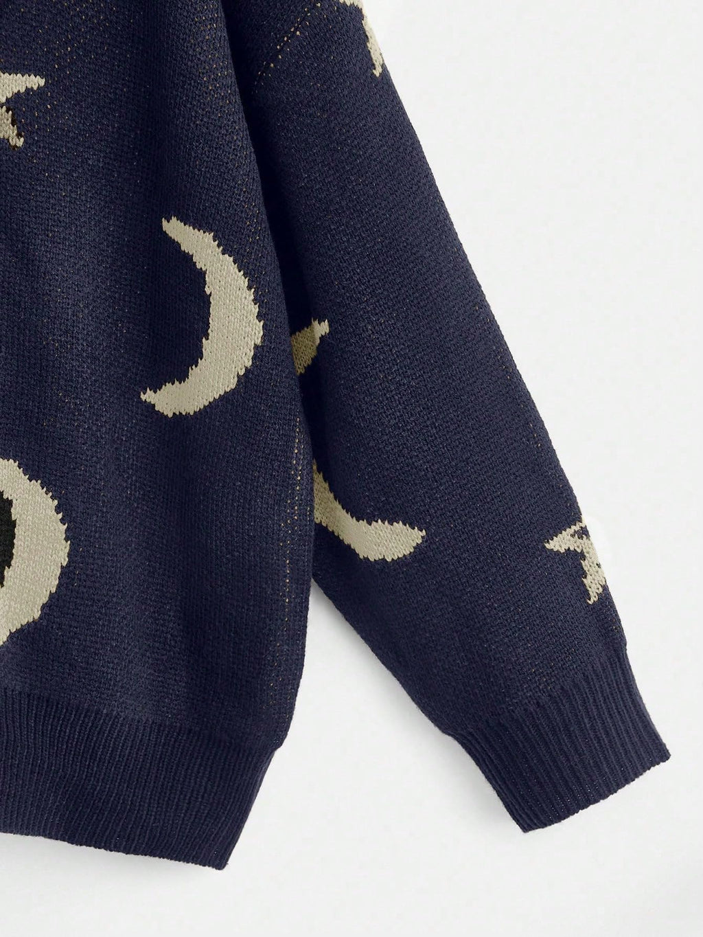 WDIRARA Women's Star Moon Print Long Sleeve Sweater Round Neck Knitted Pullovers Top Deep Blue X-Large