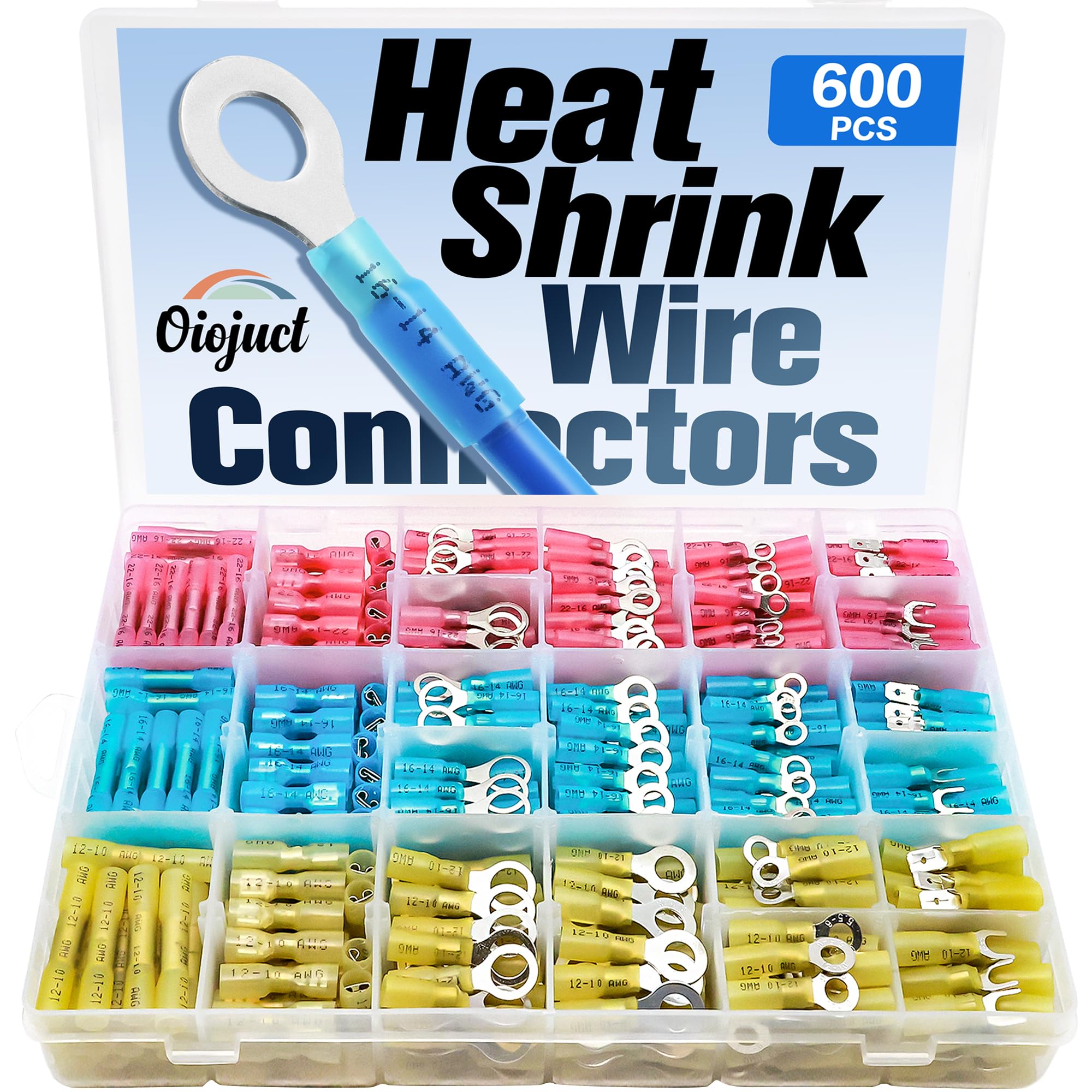 600Pcs Heat Shrink Wire Connectors Electrical Kit - Oiojuct Marine Automotive Crimp Terminals Assortment, Waterproof Ring Fork Spade Electrical Butt Connector