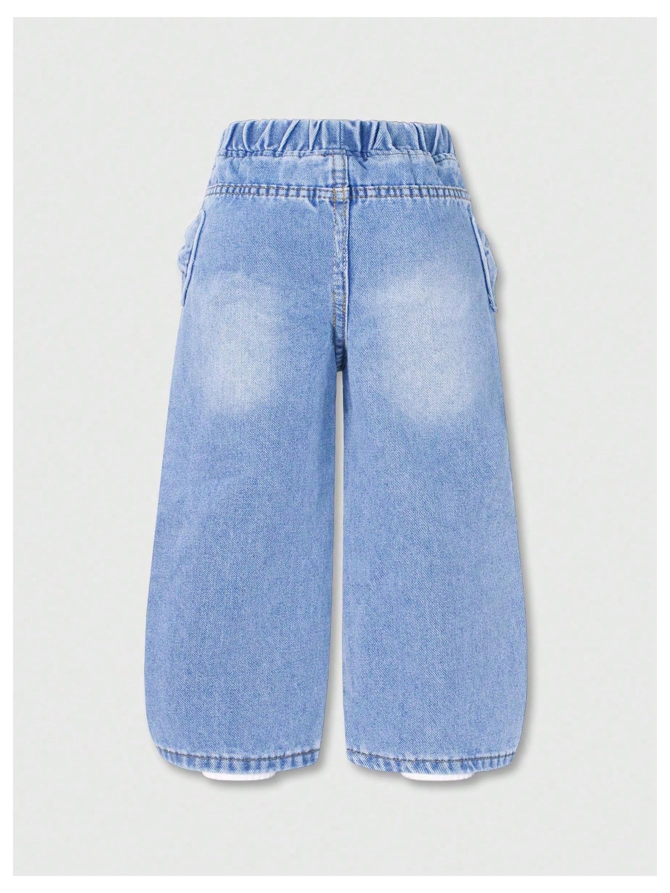 WDIRARA Toddler Girl's Bow Wide Leg Jeans Elastic High Waisted Denim Pants Light Wash 5Y