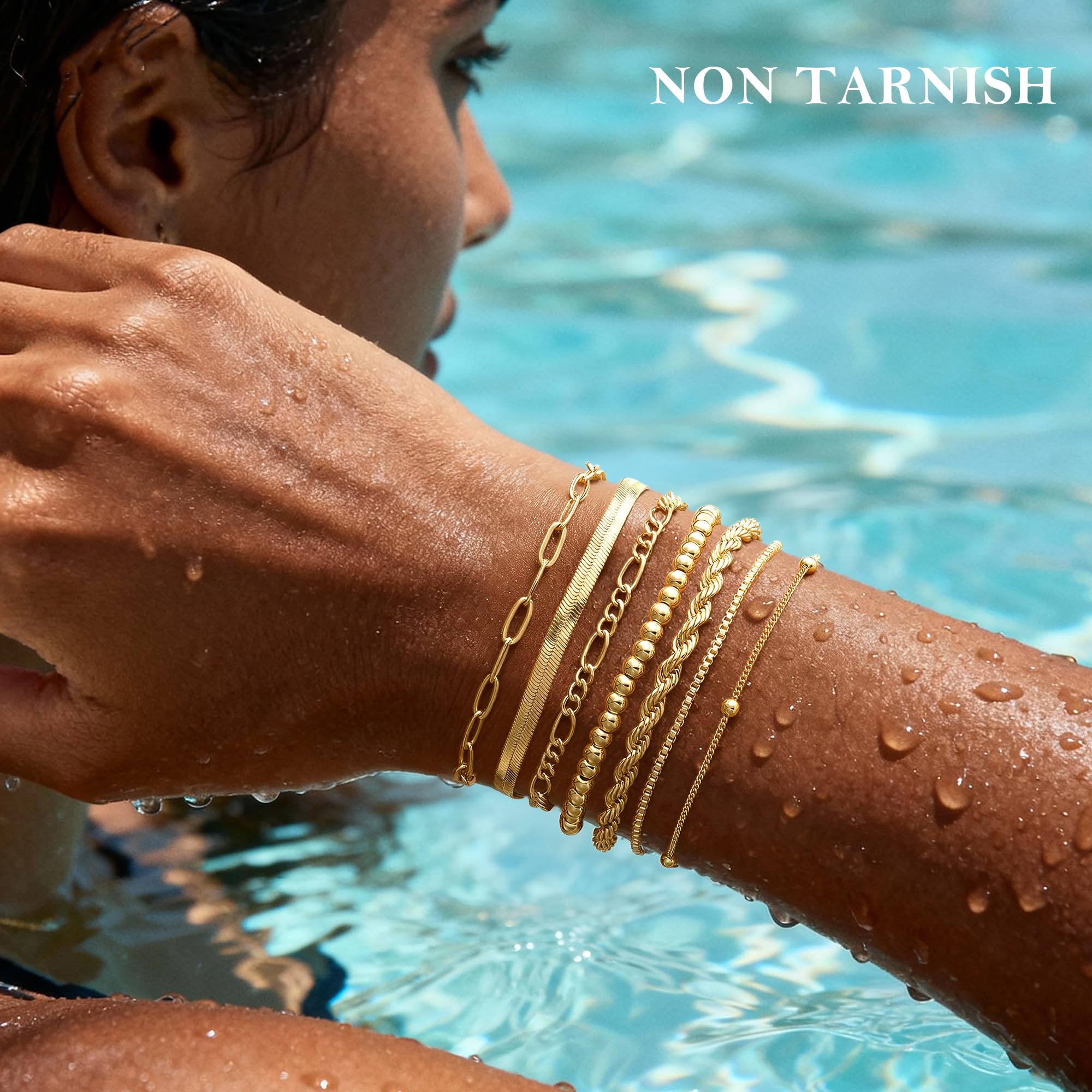 M MOOHAM Gold Bracelets for Women - Dainty 14K Gold Plated Layered Beaded Bracelet Stack Paperclip Snake Rope Figaro Box Satellite Chain Bracelets for Women Non Tarnish Jewelry Mothers Day Gifts