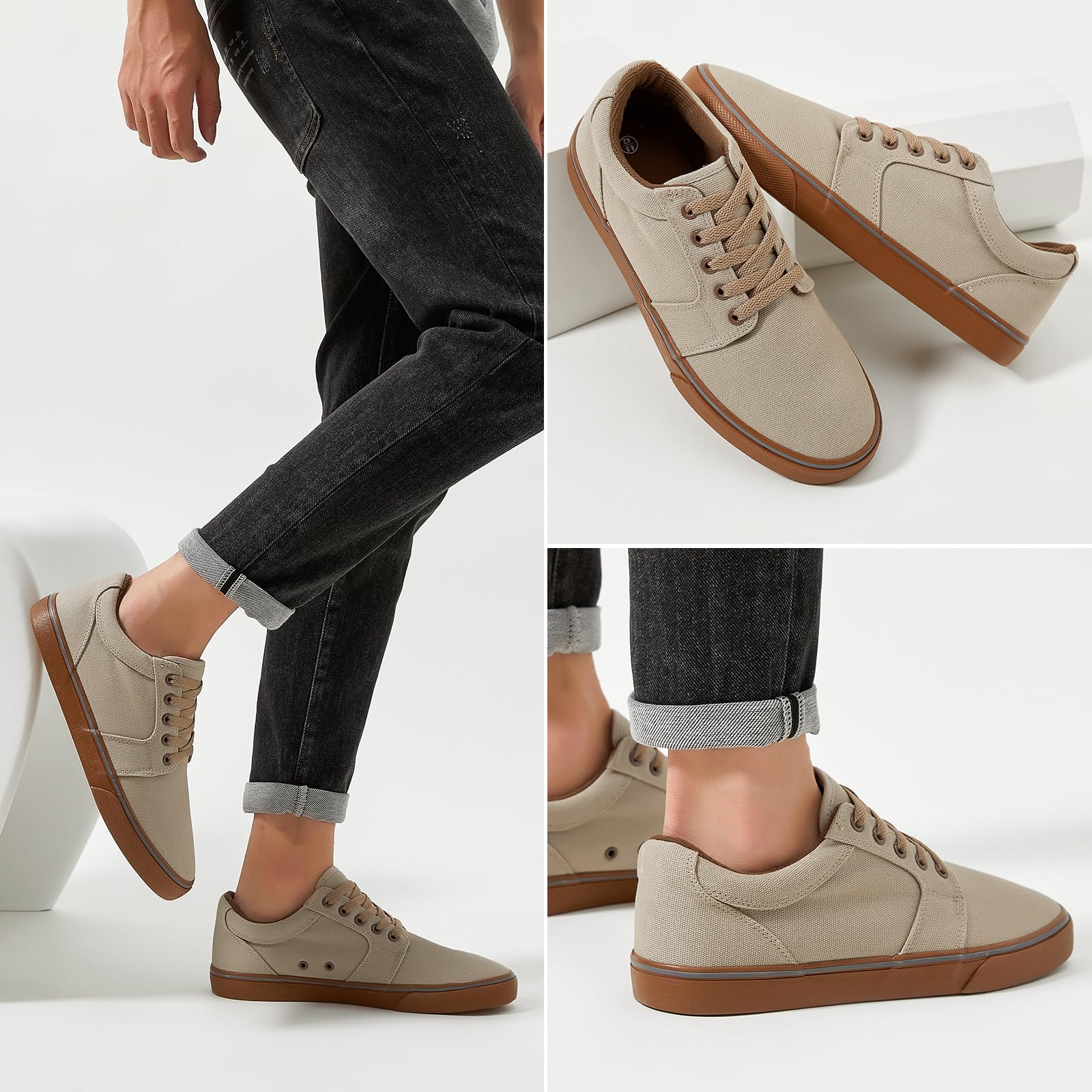 BENPAO Mens White Casual Shoes All Black Fashion Sneakers for Men Low Top Lace Up Canvas Shoes(Mocha Brown,us11)