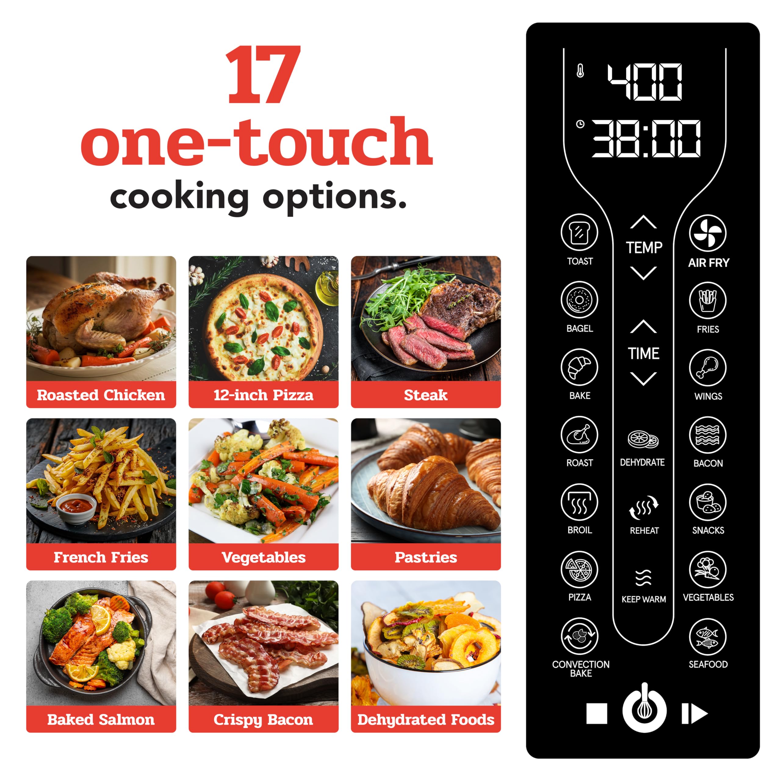 Gourmia French Door Air Fryer – 25 Qt Large Capacity Convection Oven, Fryforce 360°, Digital Display with 17 Cooking Presets, Bake, Toast, Roast, Dehydrate, Fits 12” Pizza