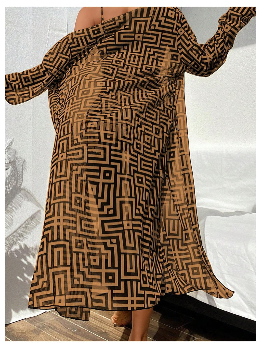 WDIRARA Women's 3 Pieces Bikini Set Geo Print Bathing Suit Drawstring Swimsuit with Cover Ups Kimono Brown Boho X-Large
