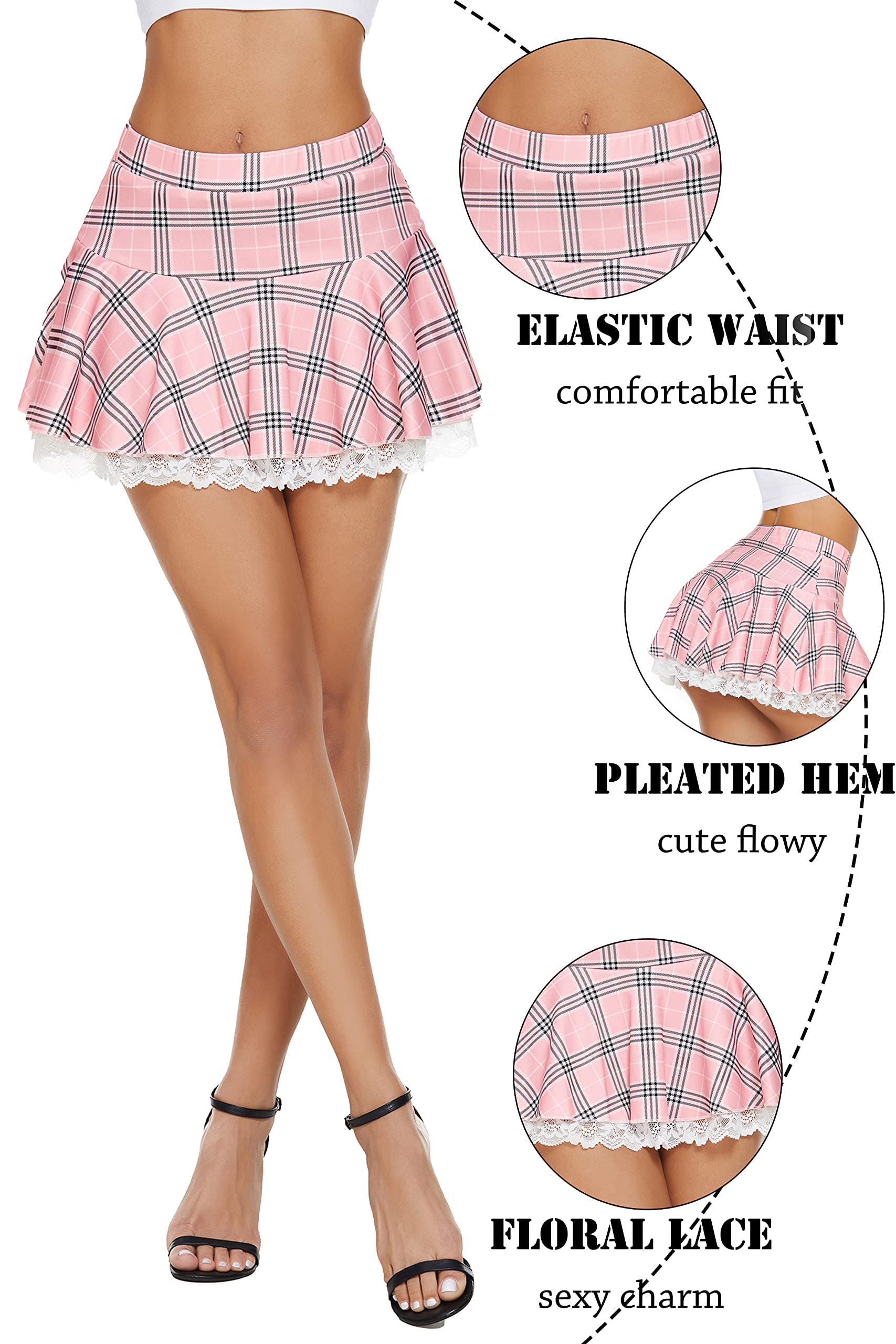 Avidlove Sexy Pleated Mini Skirt Lace Ruffle Skirt Solid Plaid Short Skirts