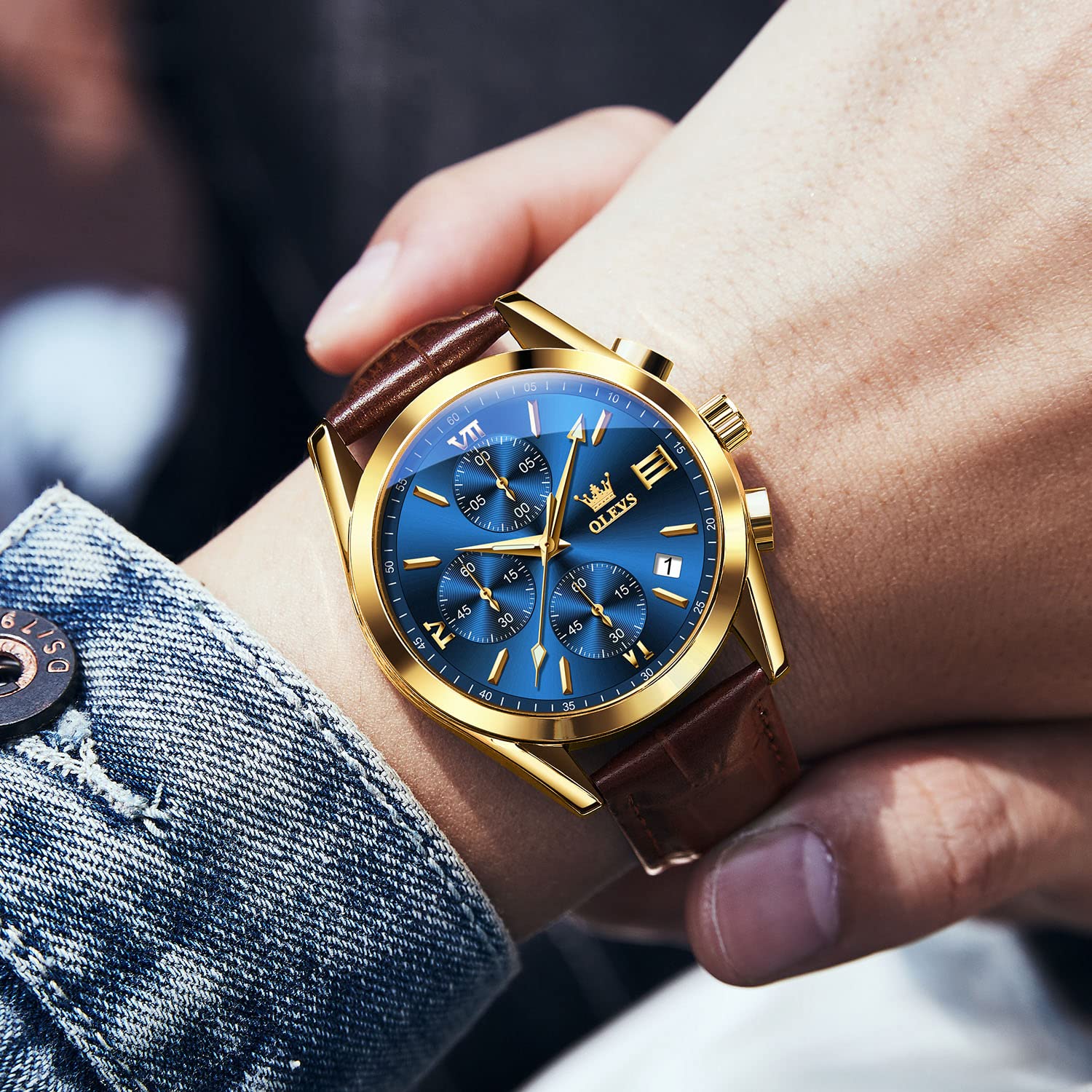 OLEVS Brown Leather Watch for Men Stainless Steel Large Face Quartz Wrist Watches Roman Number Luxury Mens Water Resistant Chronograph Watch Calendar Display Classic Blue Men's Cuff Watches Easy Wear