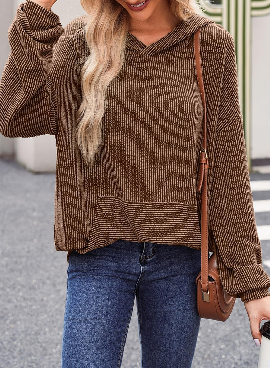 Dokotoo Womens Hoodies Fall fashion Long Sleeve Sweatshirt for Women Kangaroo Pocket Hooded Pullovers Basic Comfy Simple Plain Casual Ribbed Knit Tops Chocolate Brown Fall Clothes for Women L