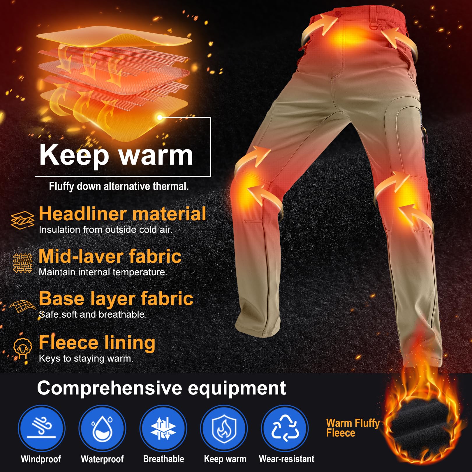 Toomett Men's Snow Pants Skiing Winter Insulated Soft Shell Outdoor Fleece Lined Hiking cargo Pants with Zipper Pockets,MH4409,Khaki,42