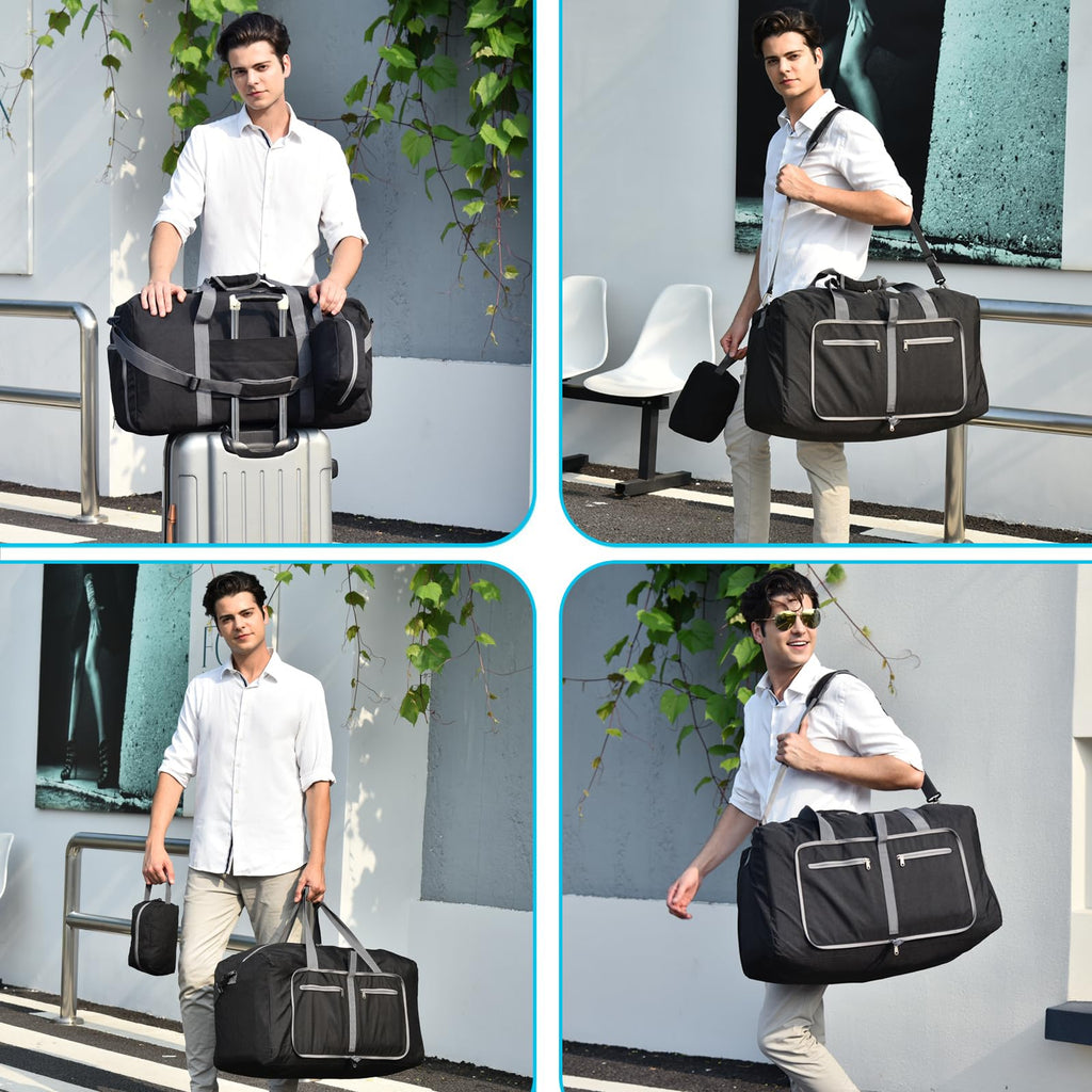 Felipe Varela 65L Duffle Bag with Shoes Compartment, Foldable Waterproof Travel Duffel Bags Duffle Overnight Weekend Travel Gym Bag for Men Women(Black)