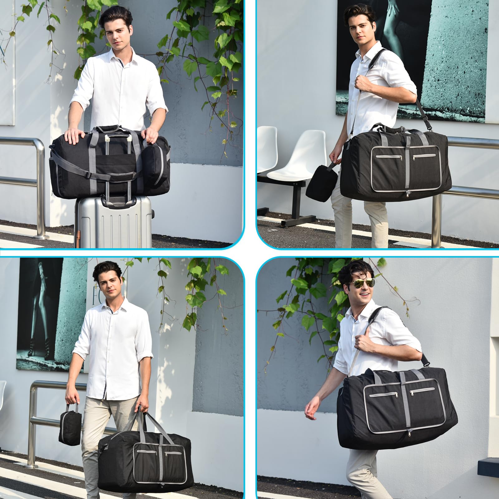 Felipe Varela 65L Duffle Bag with Shoes Compartment, Foldable Waterproof Travel Duffel Bags Duffle Overnight Weekend Travel Gym Bag for Men Women(Black)