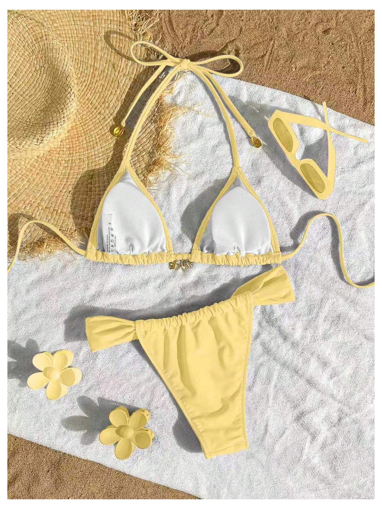 SOLY HUX Women's Halter String Bikini Sets High Cut Cheeky Thong Sexy Two Piece Swimsuits Bathing Suit Pure Yellow Small