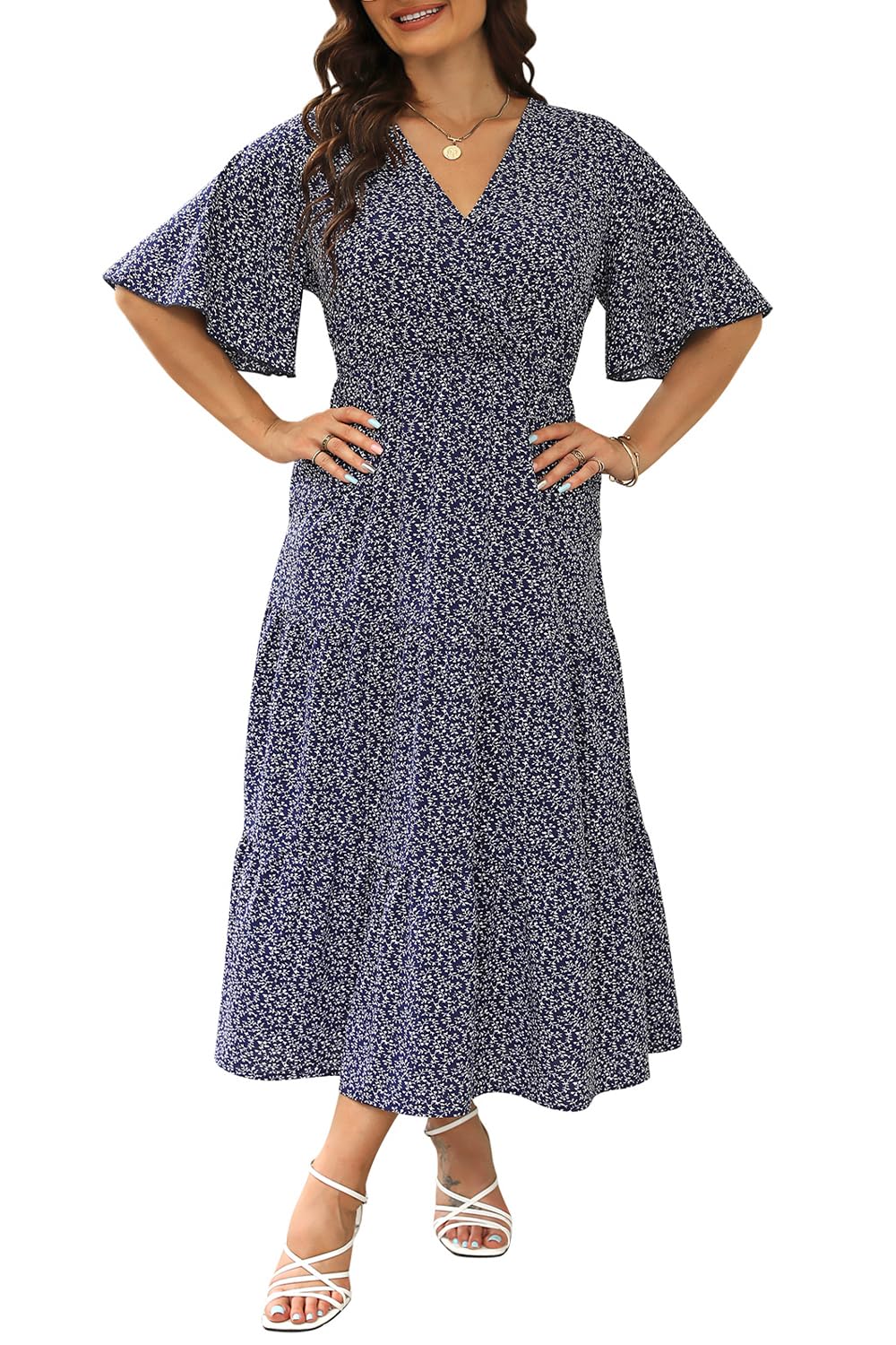 Keluummi Plus Size Maxi Dress for Women V-Neck Floral Empire Waist 3/4 Sleeve with Pockets(20 Plus, 01 - Navy Blue Floral)