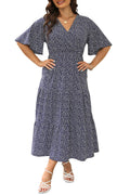 Keluummi Plus Size Maxi Dress for Women V-Neck Floral Empire Waist 3/4 Sleeve with Pockets(20 Plus, 01 - Navy Blue Floral)