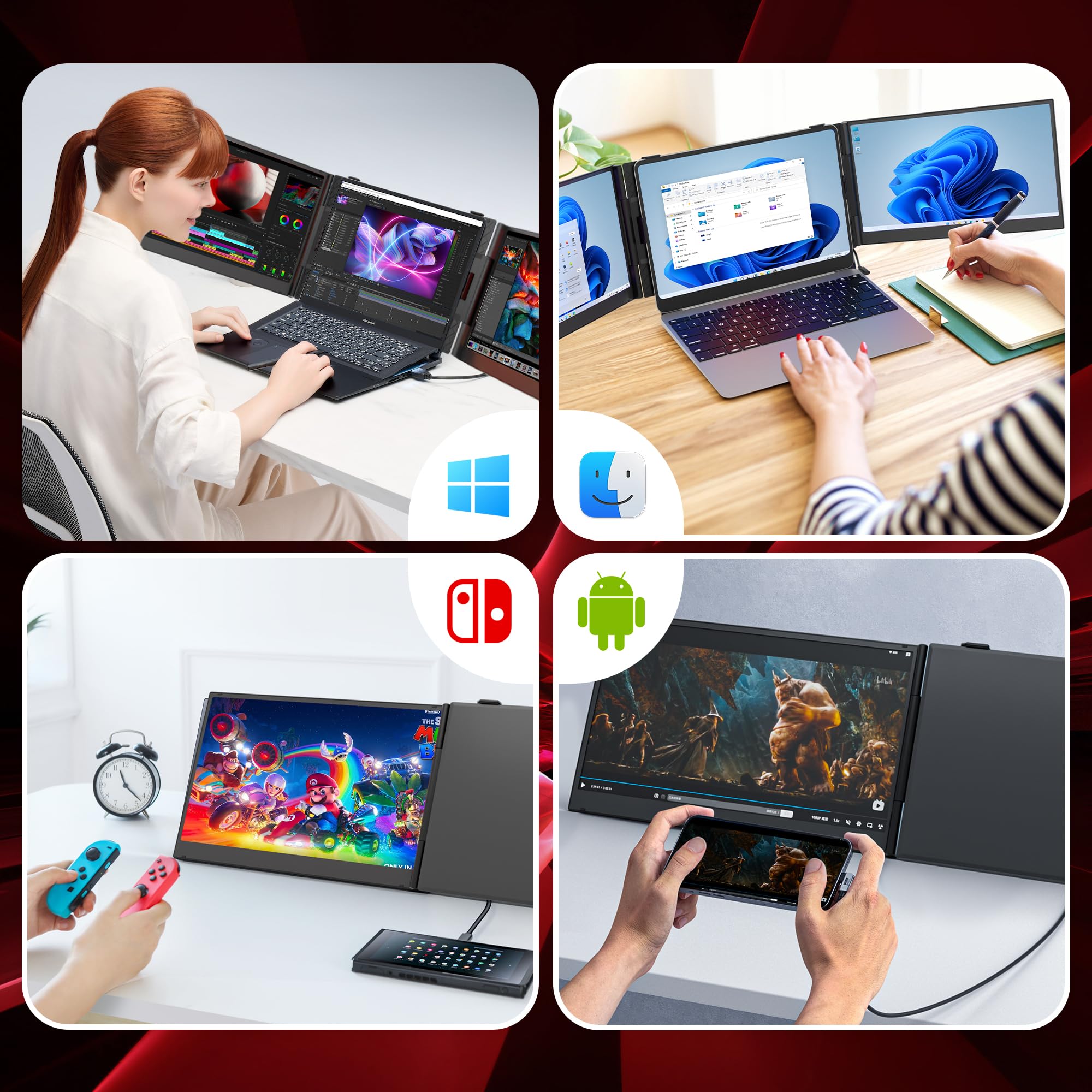 One Cable Connection Laptop Screen Extender Monitor Portable, Ultra Thin 14.2" 1080P FHD Lightweight Triple Screen,Fit for 13-17" Laptop, Plug & Play Compatiable with Win/Mac/Chrome/Android/Switch