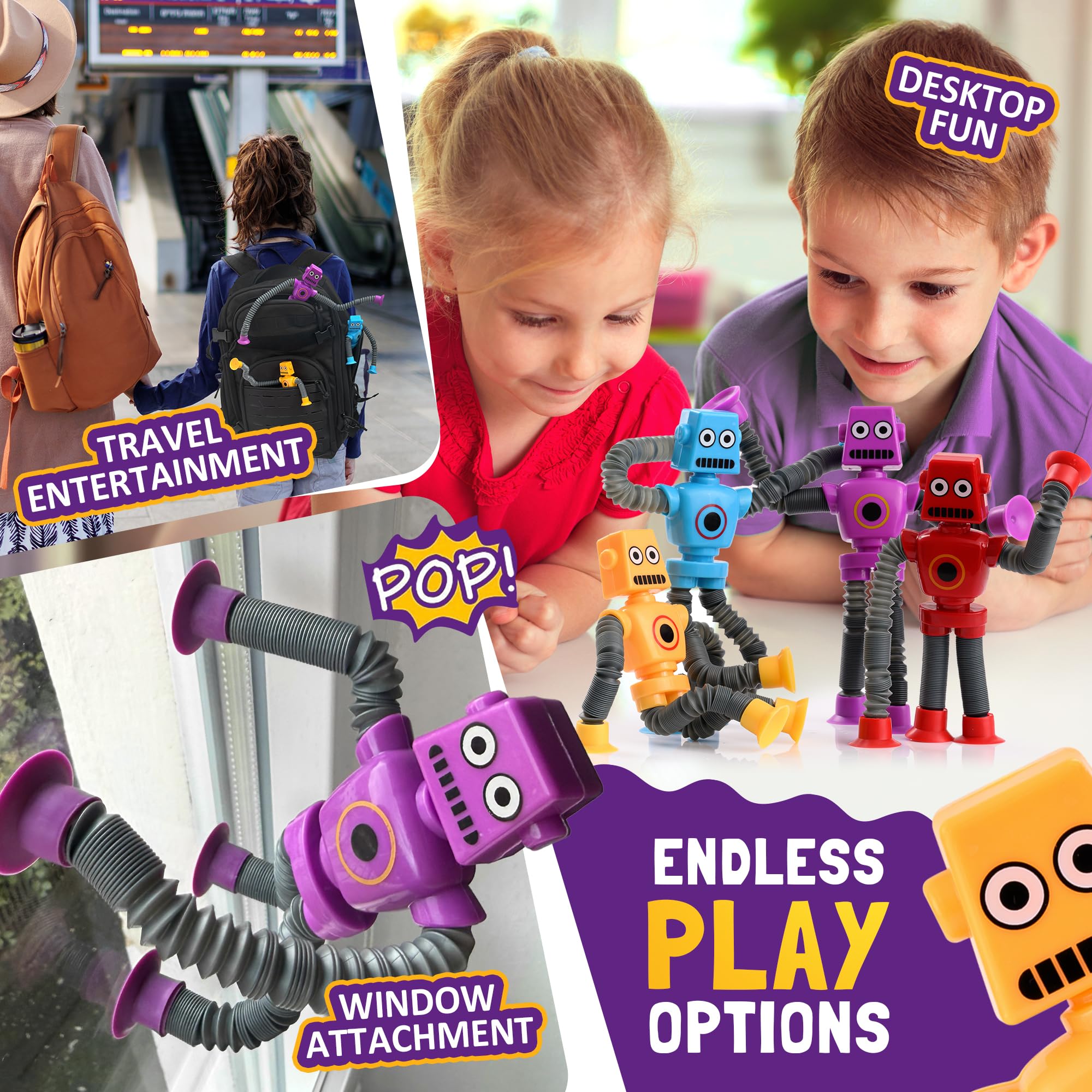nutty toys Sensory Robot Toys 4pk - Top Pop Tubes Fidget 2026 for ADHD & Autism Ages 3 4 5 6 7 8 9 10 11 12, Best Kids Travel Idea, Unique Easter & Valentines Day Toddler, Tween, Girl & Boy Gifts