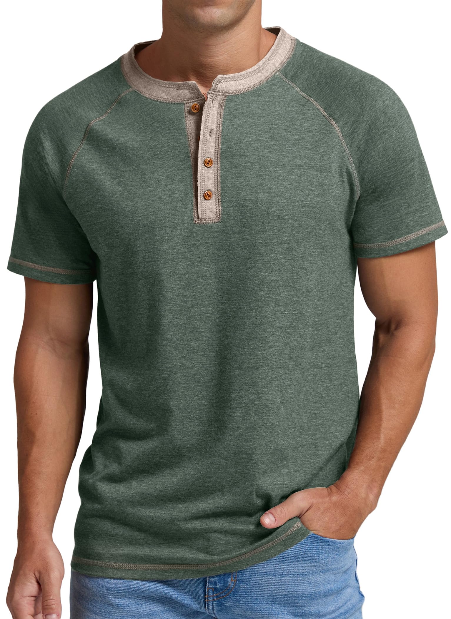 Sailwind Mens Henley Short Sleeve T-Shirt Cotton Casual Shirt Green