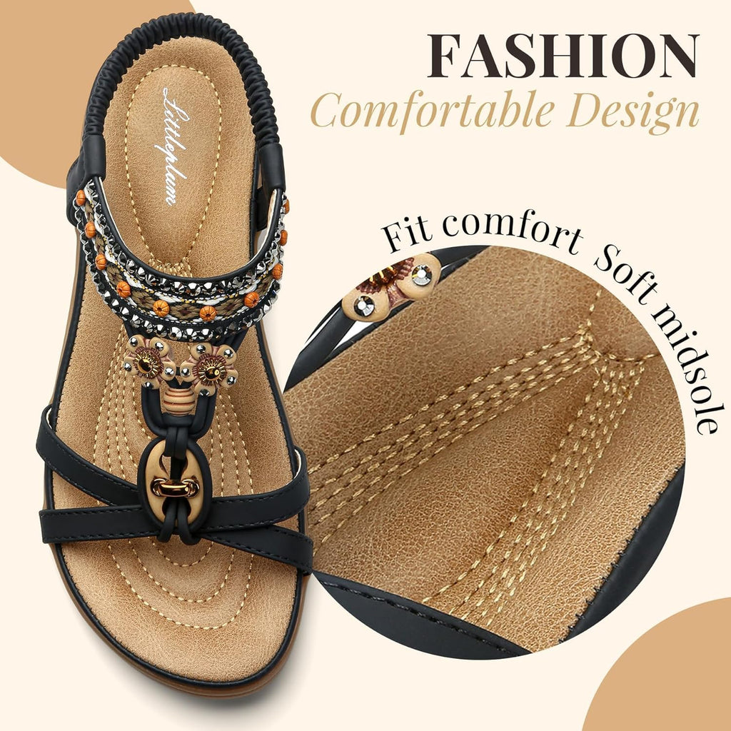 Littleplum Womens Sandals Arch Support Bohemian T-Strap Flower Rhinestone Sandals Women's Non Slip Summer Beach Flat Sandals Black Size 8