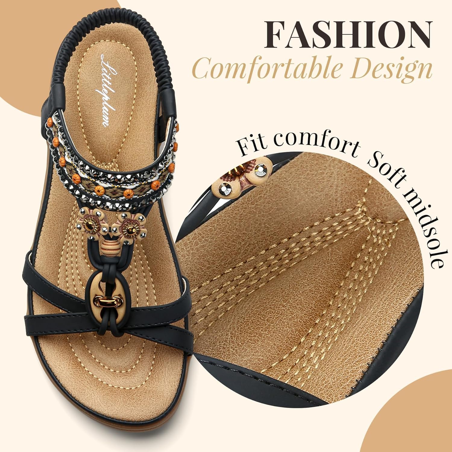 Littleplum Womens Sandals Arch Support Bohemian T-Strap Flower Rhinestone Sandals Women's Non Slip Summer Beach Flat Sandals Black Size 8