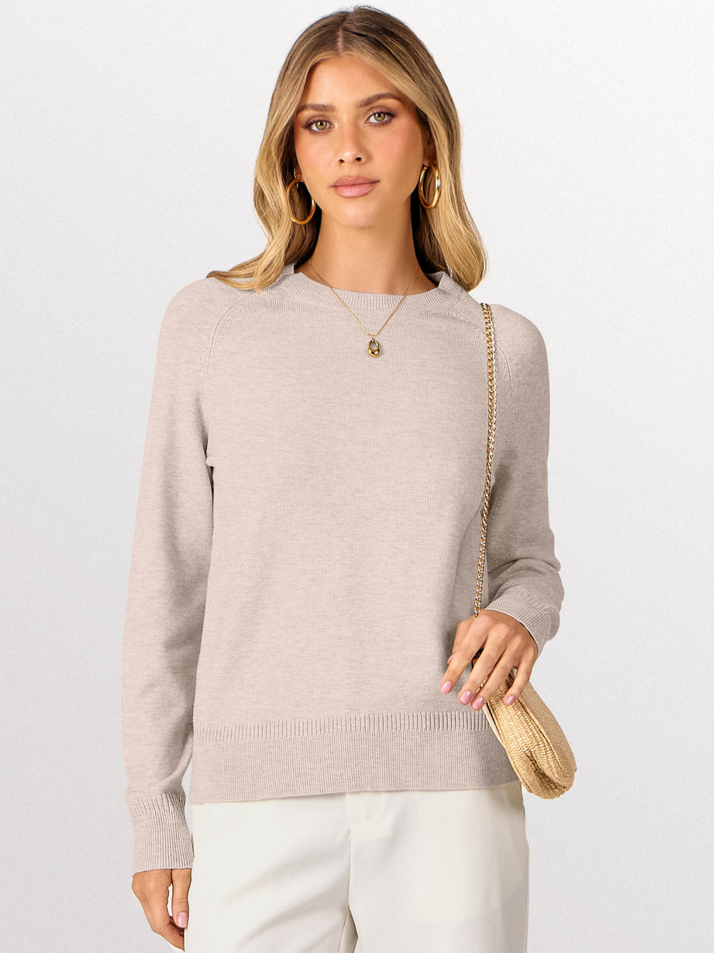 ANRABESS Sweaters for Women 2025 Long Sleeve Crewneck Loose Fit Lightweight Knit Basic Fall Sweater Outfits Almond S