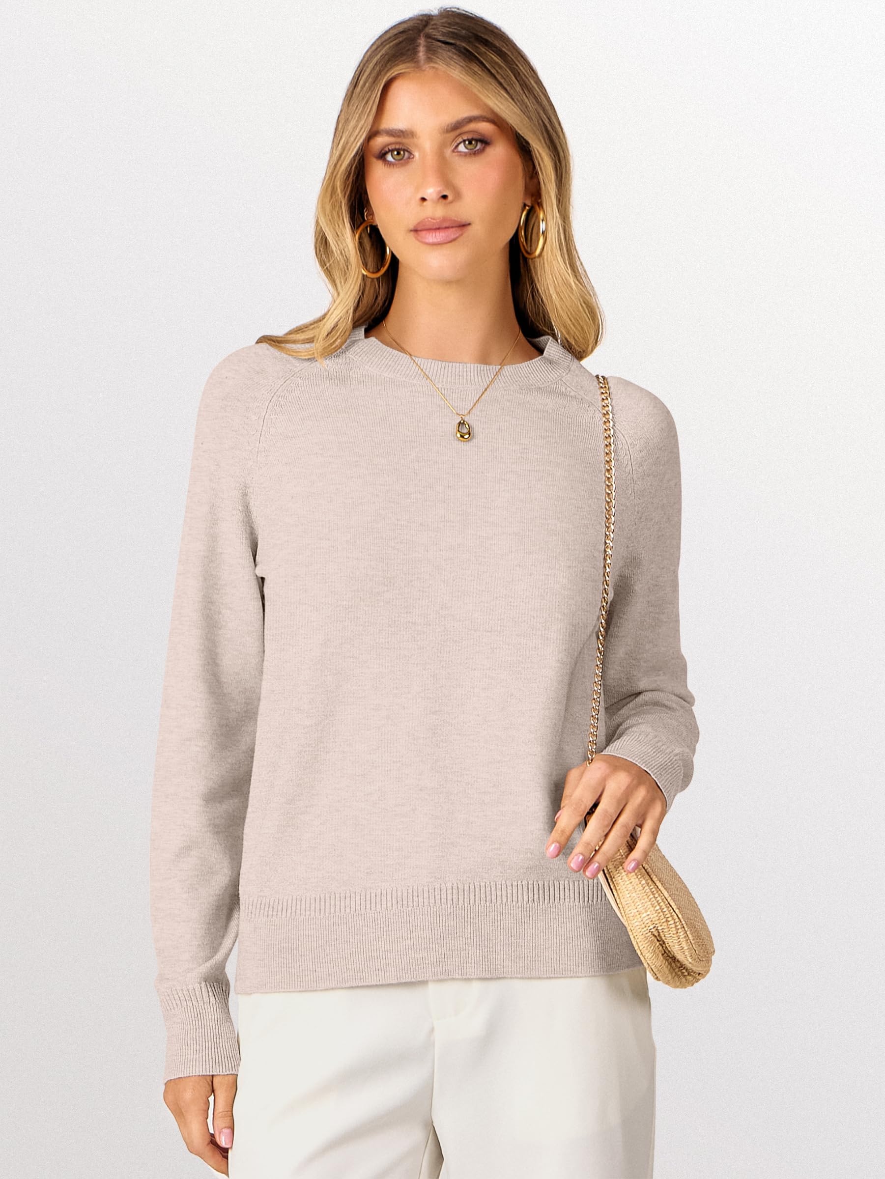 ANRABESS Sweaters for Women 2025 Long Sleeve Crewneck Loose Fit Lightweight Knit Basic Fall Sweater Outfits Almond S