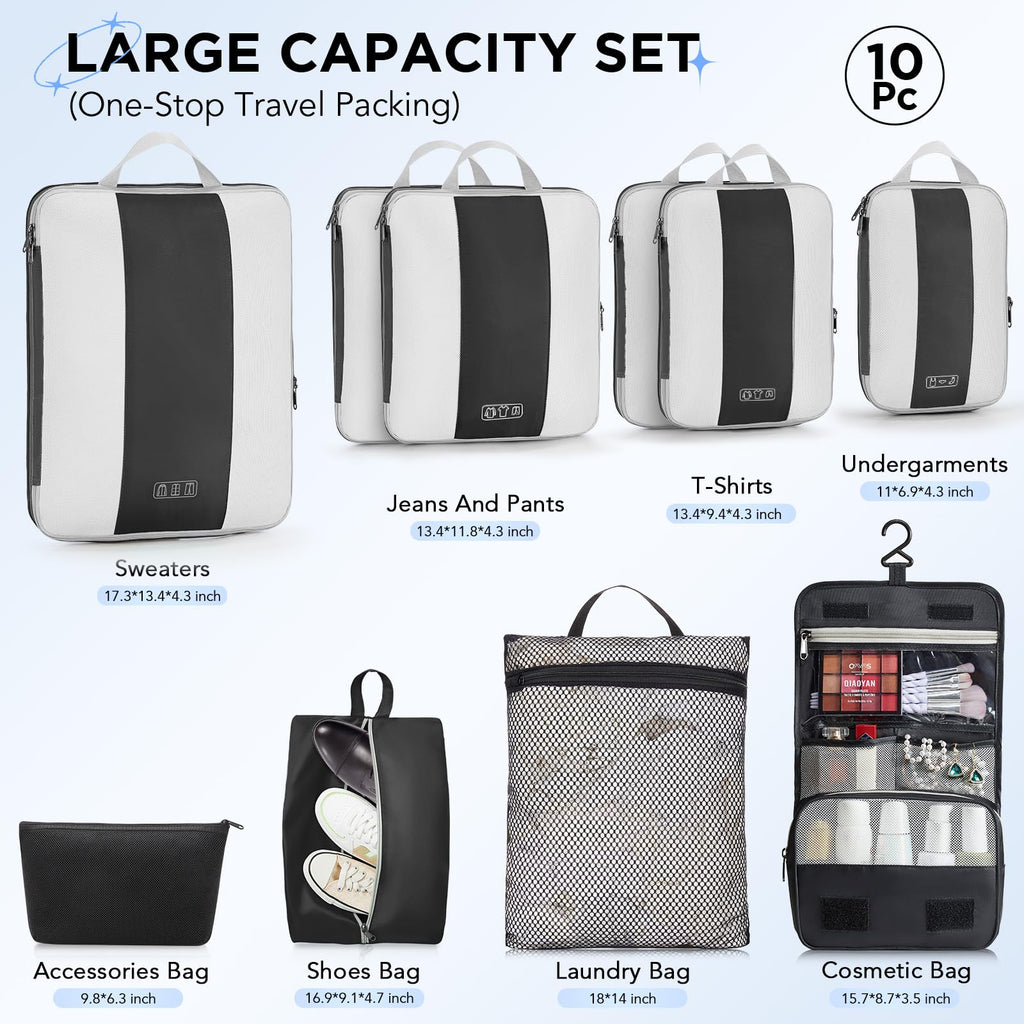 10 Set Compression Packing Cubes for Travel Essentials,Compressible Expandable Packing Cubes for Suitcase,OlarHike Luggage Organizer Bags for Travel,Handy Helper for Organizing Clothes(Black)