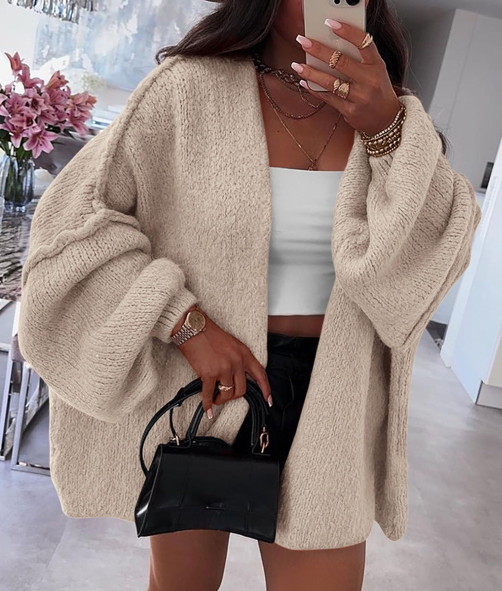 PRETTYGARDEN Womens Oversized Cardigan Sweaters 2025 Fall Long Lantern Sleeve Knit Open Front Lightweight Sweater (Grey Beige,Small)