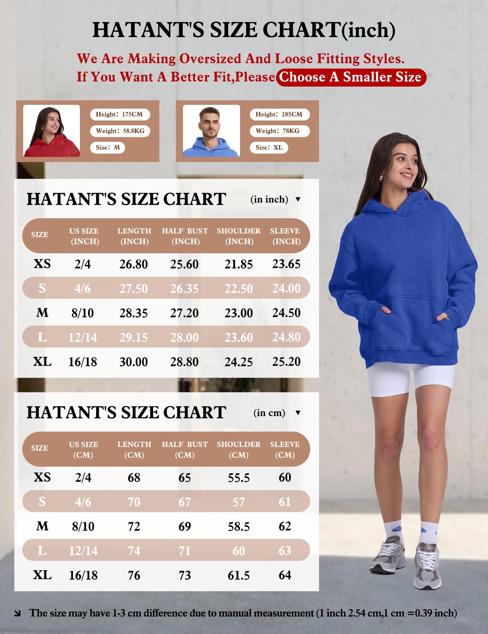 Hatant Oversized Hoodie Sweatshirts for Women Couples Heavyweight Hoodies Pullover Vintage Acid Wash Sweaters Hoodies with Pocket Women's Fashion Hoodies Sweatshirts 2026 Blue-S