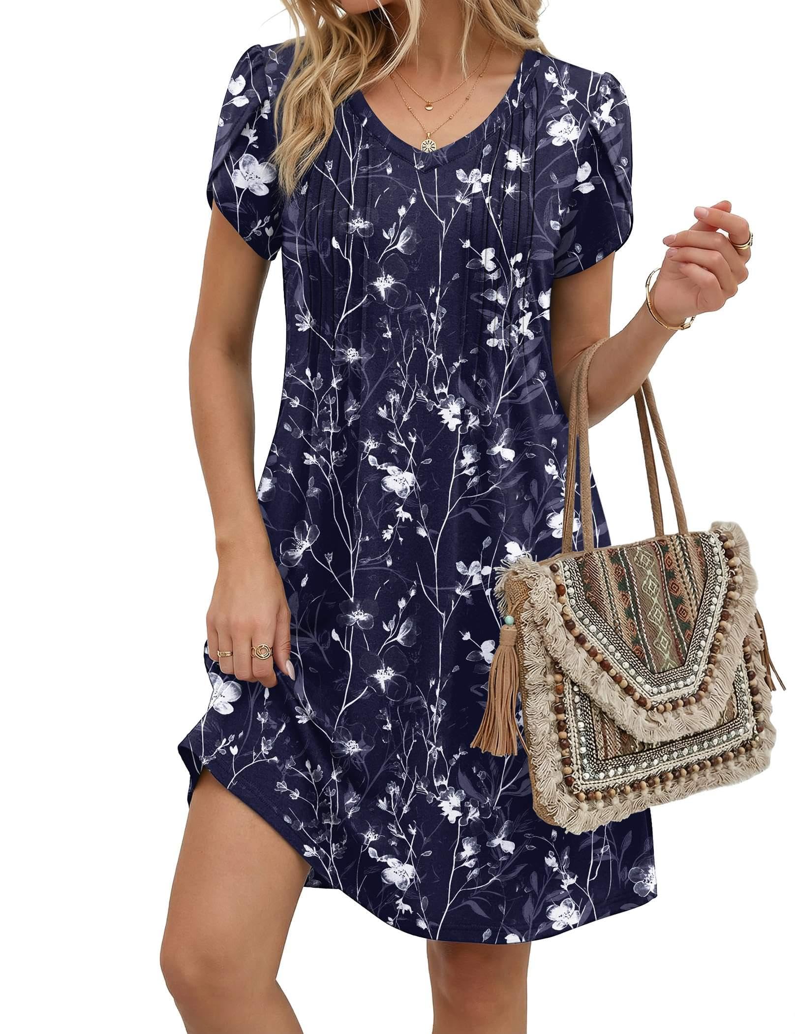 Zeagoo Summer Dresses for Women Flowy Spring Dresses 2026 Casual Floral Dress Pleated A Line Dress Boho Sundress, Navy Floral 03
