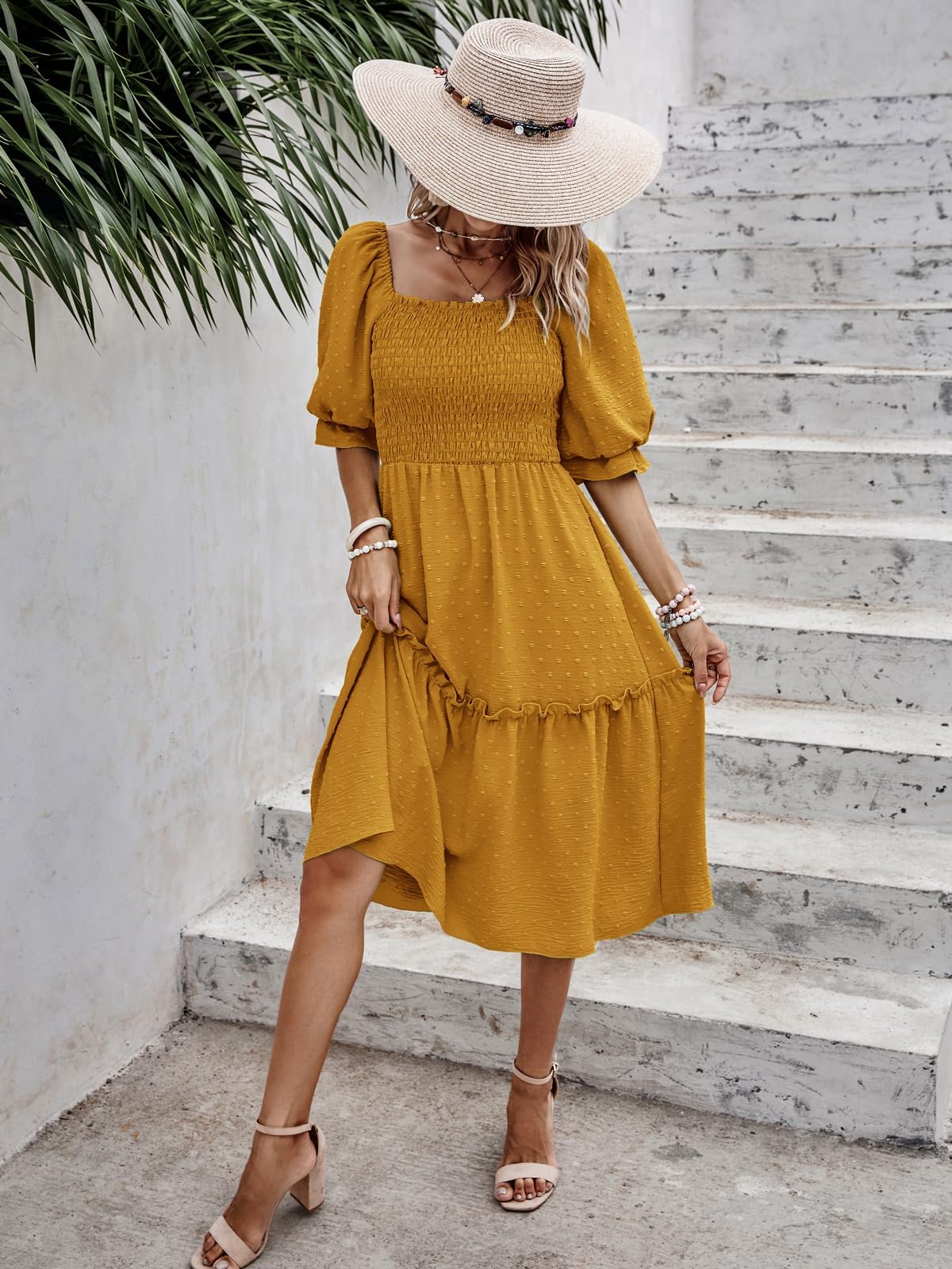 PRETTYGARDEN Women's Summer Casual Midi Dresses 2026 Spring Puff Sleeve Square Neck Smocked A Line Flowy Swiss Dot Beach Vacation Dress (Turmeric,L)