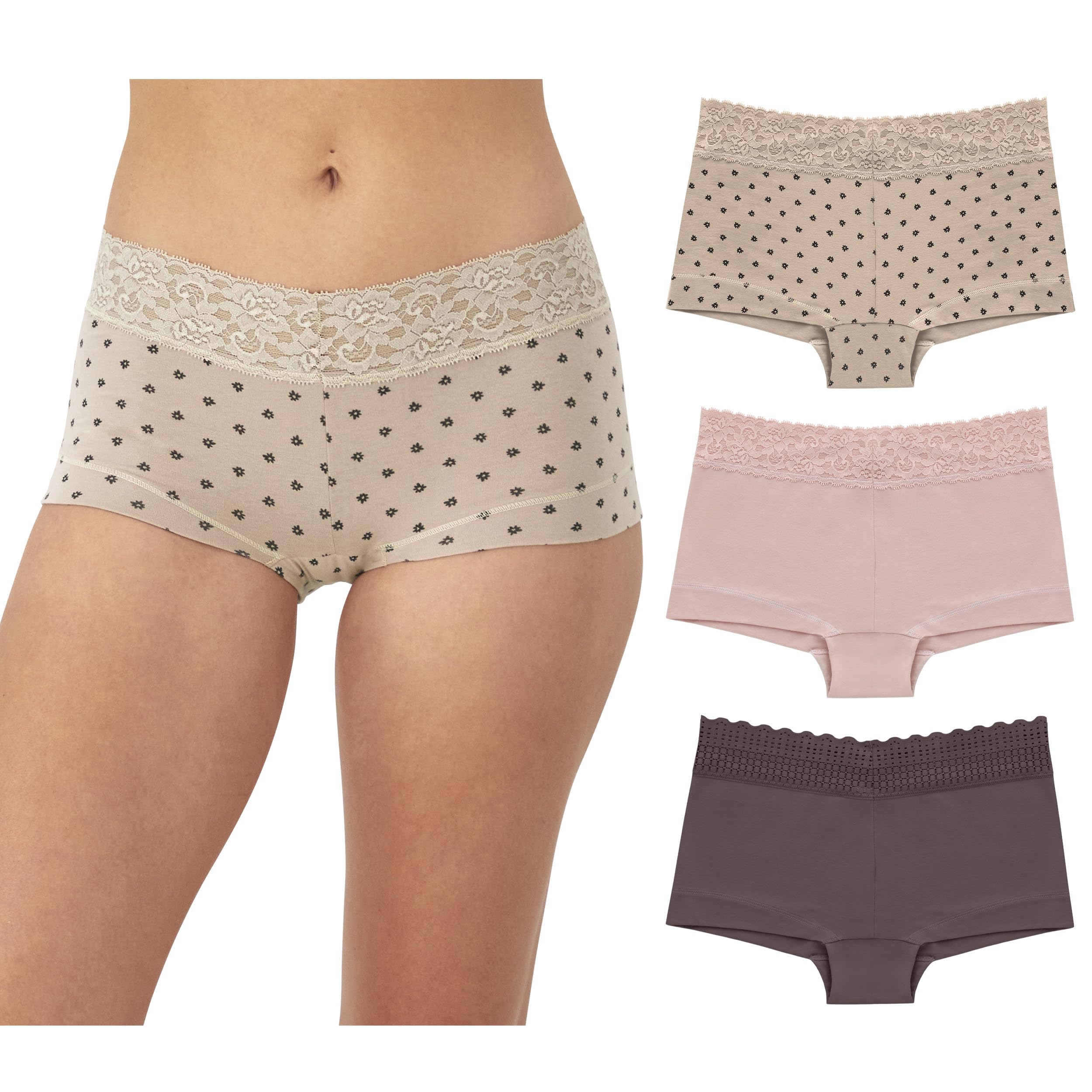 Maidenform Women's Underwear Boy Shorts Pack, 3-Pack, Stretch Cotton Underwear Women Pack, Comfy Boy short Panties for Women