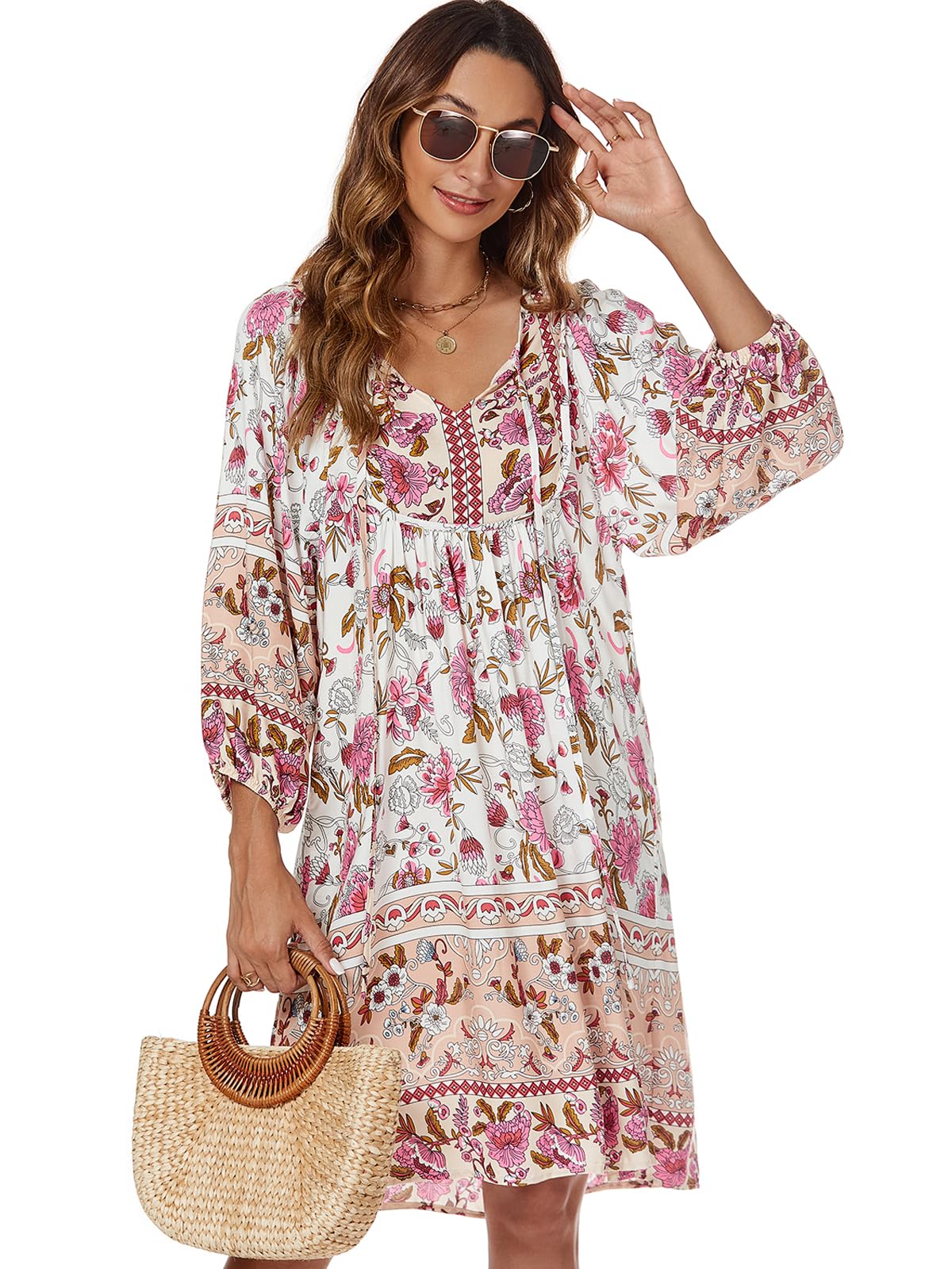 Qearal Summer Dresses for Women Casual Beach Vacation 3/4 Puffy Sleeve Boho Sun Dresses White XL
