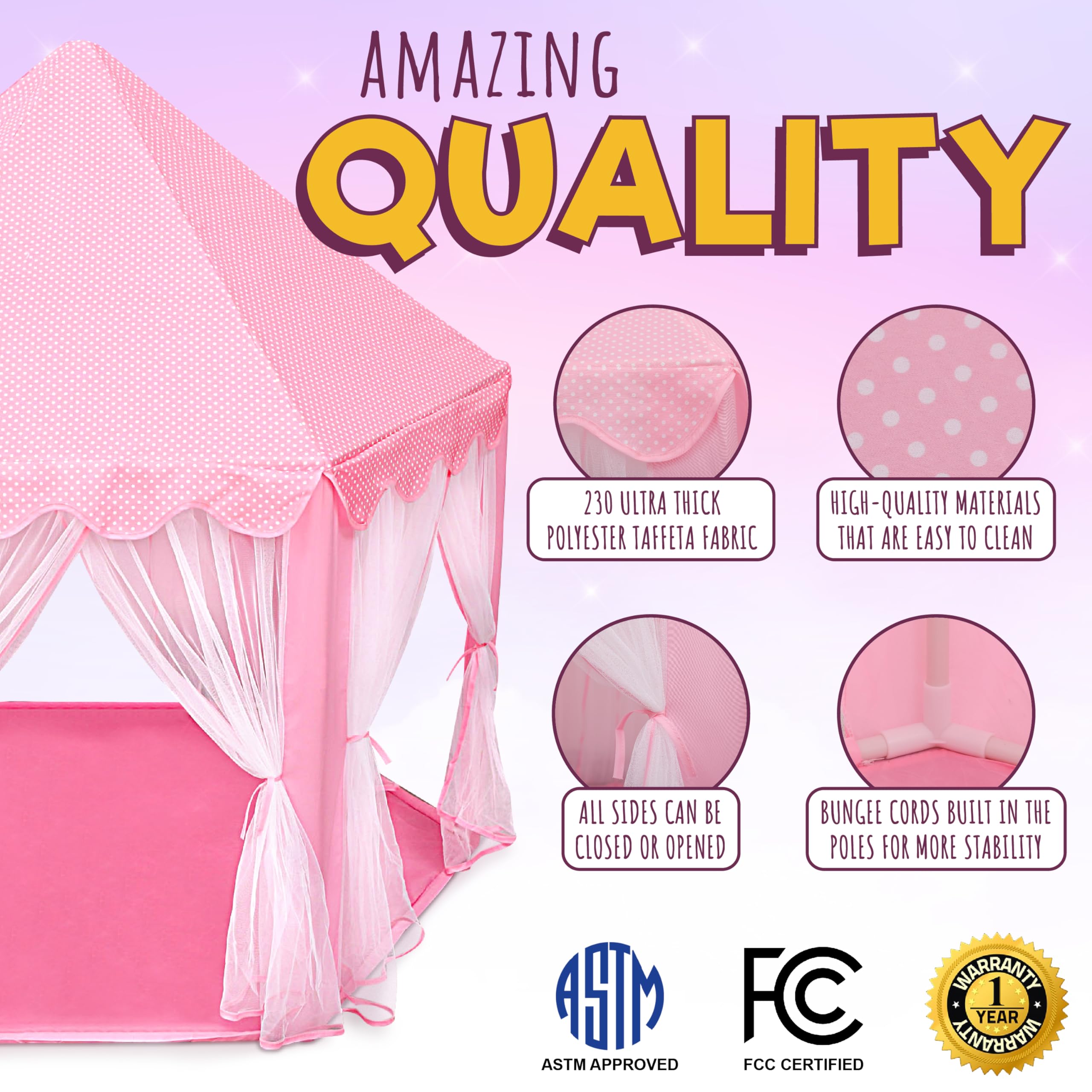 ORIAN Princess Castle Play Tent for Girls, LED Star Lights, Indoor & Outdoor Playhouse, Polyester, Pink, 55" x 53", Toddler & Kids Toys Ages 2–7
