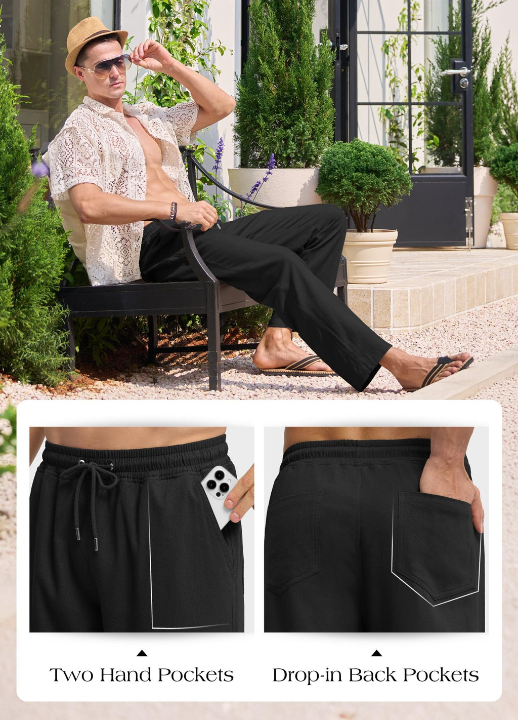 Willit Men's Linen Pants Casual Beach Summer Pants Drawstring Lightweight Yoga Linen Trousers 30" Black L