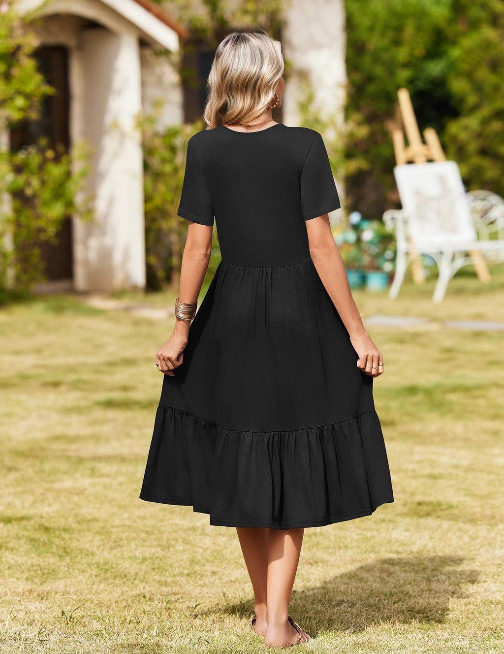 Zeagoo Women's V Neck Wrap Summer Casual Midi Tiered A Line Flowy Wedding Guest Dress with Pockets Short Sleeve Black Dresses