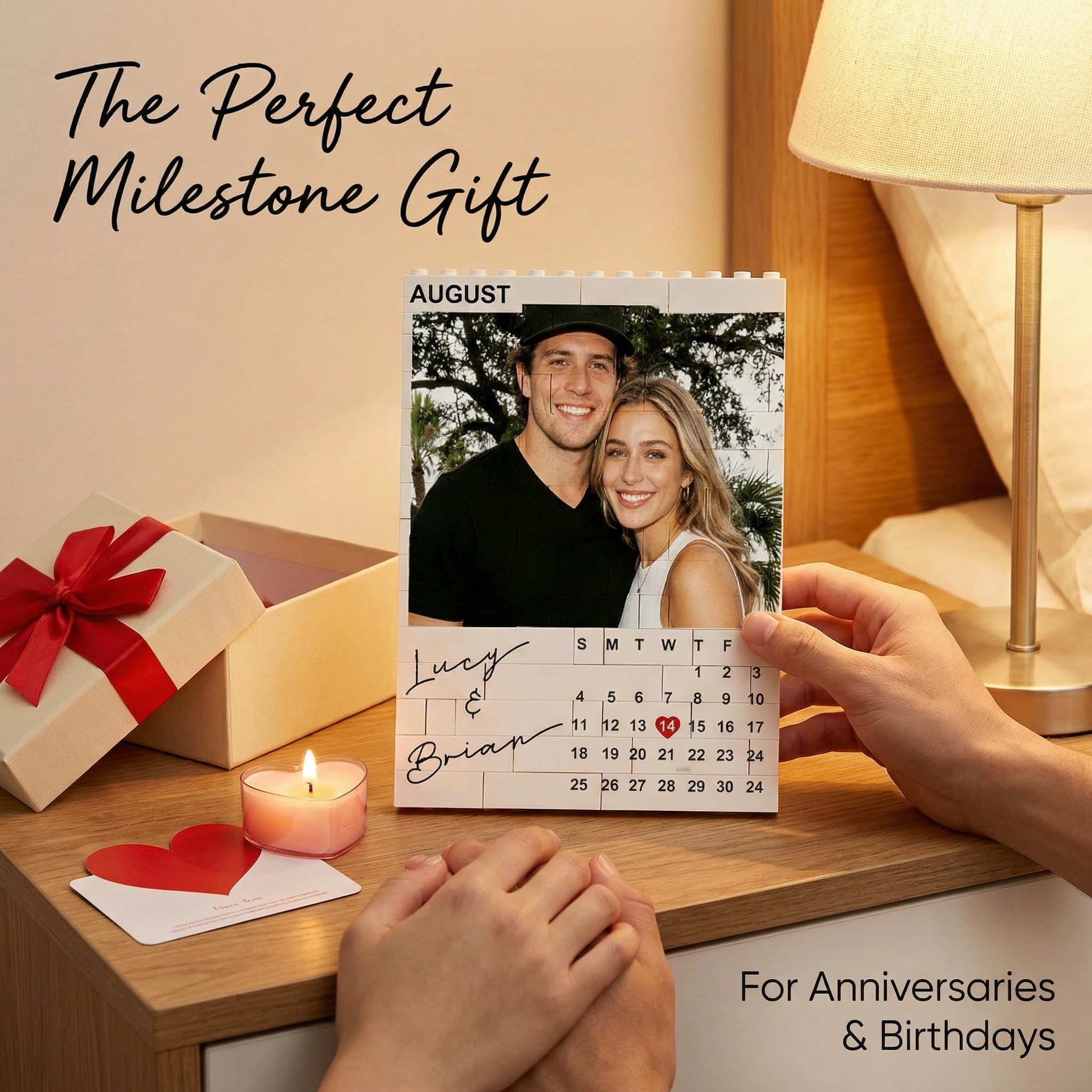 Custom Couple Photo Building Blocks, Personalized Bricks Puzzle with Pictures, Home Decor Photo Frame Anniversary Birthday Valentines Gifts for Women, Wife, Men, Her, Him, Couples