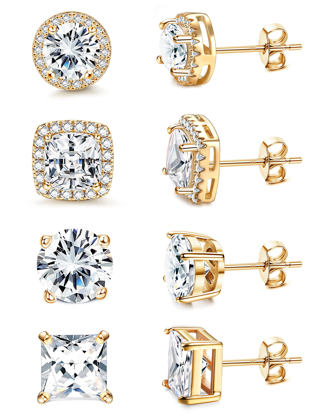 MILACOLATO Cubic Zirconia Stud Earrings Women Men 18K Yellow Gold Plated Hypoallergenic Sterling Silver Post Earrings Brilliant Large Simulated Diamond Halo Stud Earrings for Sensitive Ears