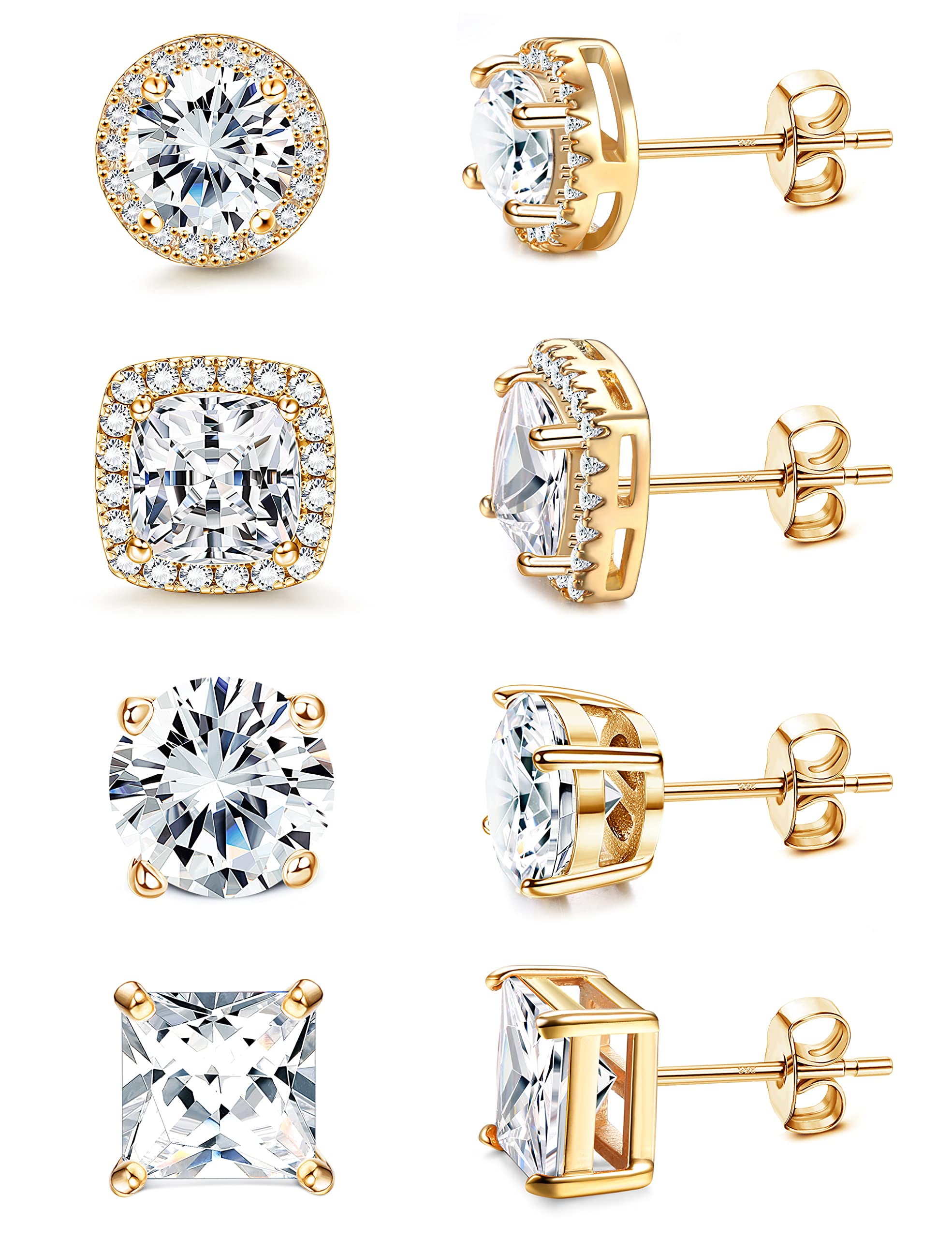 MILACOLATO Cubic Zirconia Stud Earrings Women Men 18K Yellow Gold Plated Hypoallergenic Sterling Silver Post Earrings Brilliant Large Simulated Diamond Halo Stud Earrings for Sensitive Ears