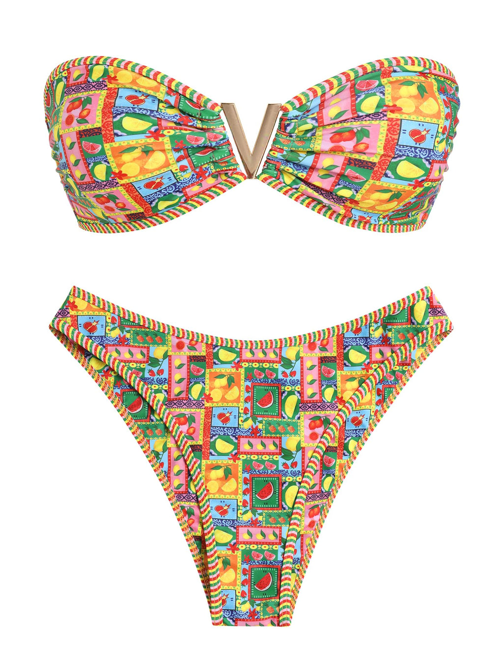ZAFUL Women's Bandeau Bikini V Strapless Confetti Colorblock Tie Back High Cut Two Piece Swimsuit Bathing Suits (1-Fruit Pattern, M)