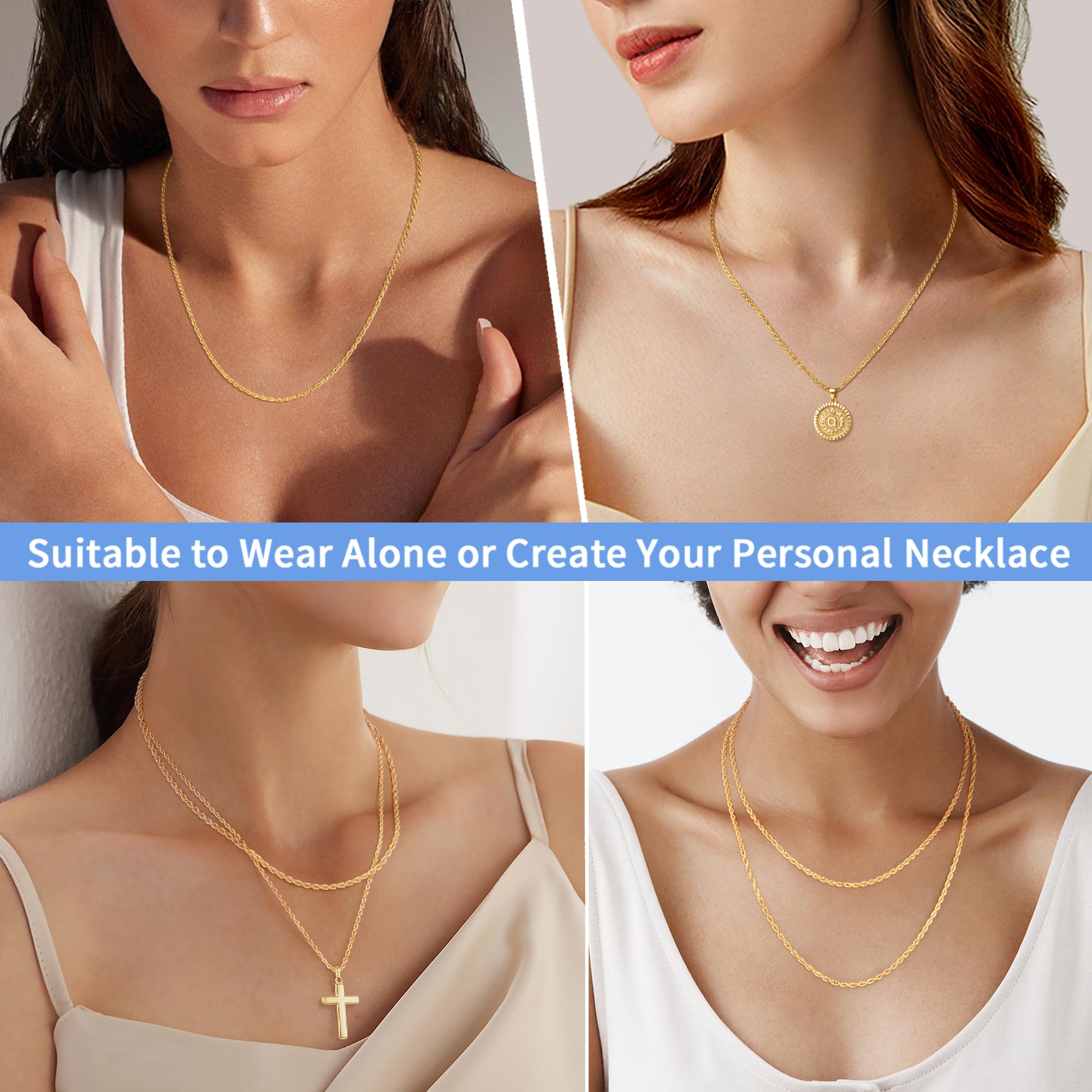 Jewlpire 14K Gold Plated Chain Necklace for Women, 2MM Rope Chains 14K Gold Plated Chain for Women Classic & Sturdy Women's Chains Necklace, 26 Inch