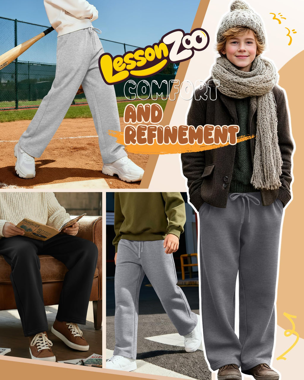 LessonZoo 4 Pack Boys Baggy Sweatpants Straight Leg Open Bottom Casual Pants Basic Elastic Waist Athletic Kids Joggers(Dark Gray, Light Gray, Gray, Black,Large)