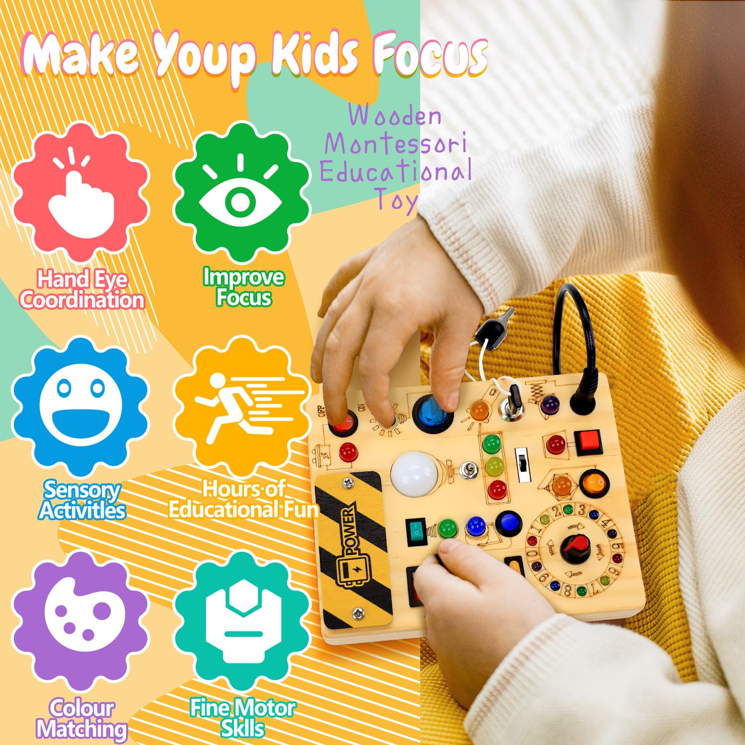 Busy Board with LED Light Switches, Montessori Toys for 1 2 3 Years Old, Toddlers Wooden Toy Sensory Activity Board, Travel Toys for 1+ Year Old Boy & Girl Birthday Gift